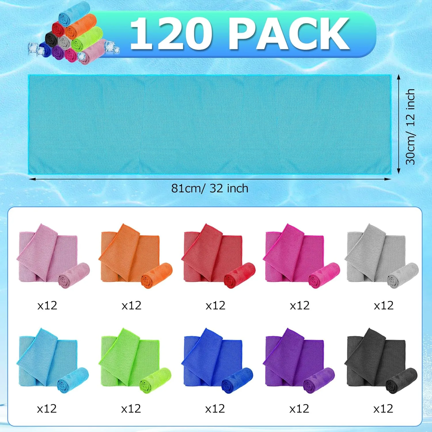 MENOLY 120 Pack Cooling Towel for Neck, Microfiber Soft Workout Ice Chilly Towel for Sports, Gym, Yoga, Camping, Running, Fitness, Workout & More Activities
