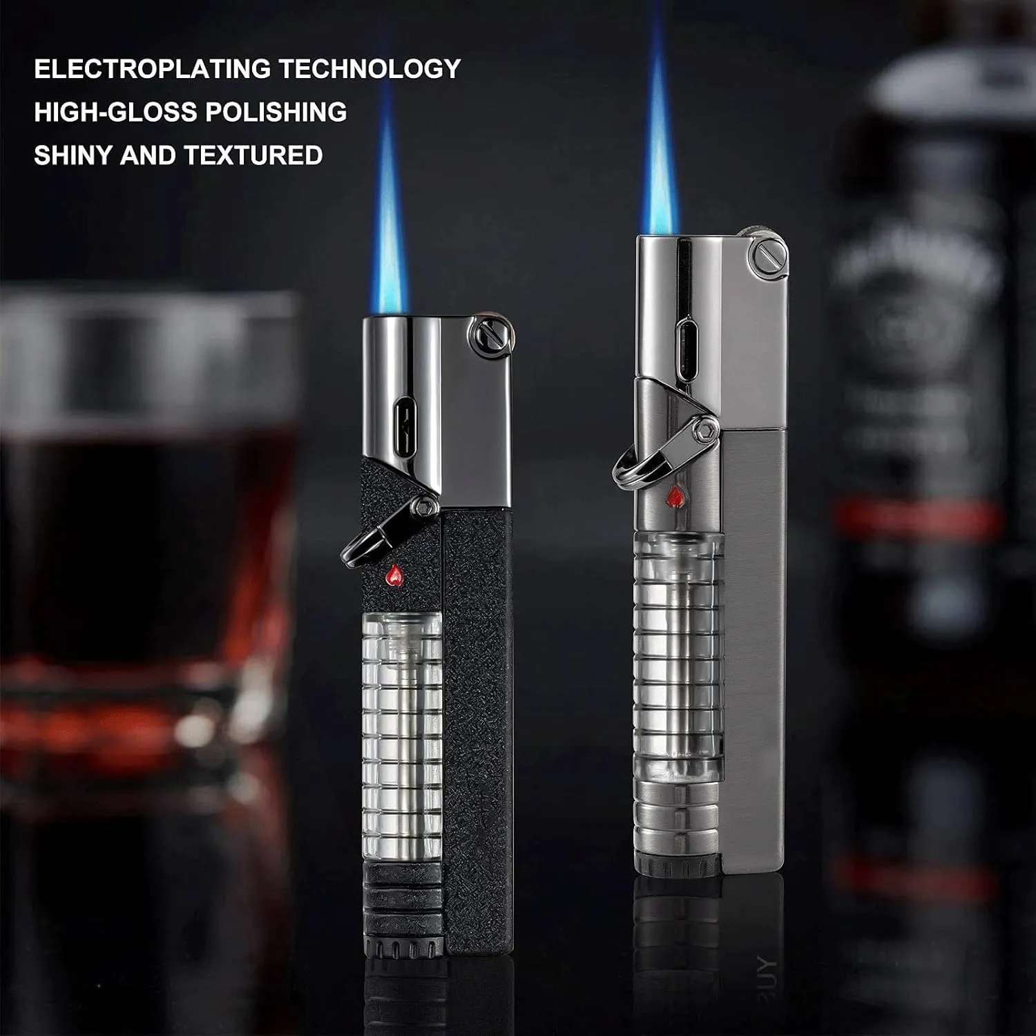 Metal Butane Fuel, 2 Pack Torch Jet Lighter Windproof with Visible Gas, Refillable, Lockable Flame, Great Gift for Men, Women(Multi-colored2)