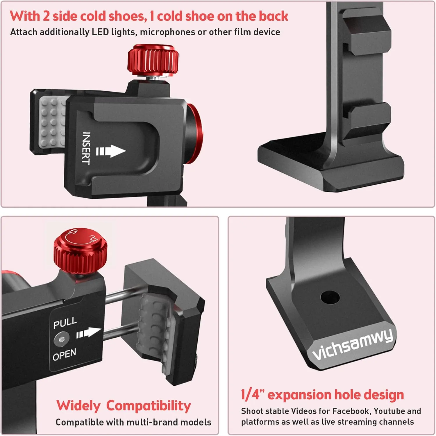Metal Phone Tripod Mount with 3 Cold Shoes & 1/4" Arca Port, 360° Rotation Cell Phone Tripod Adapter for iPhone,Samsung & All Android Smartphones, Phone Stand Holder for Photography & Video Recording