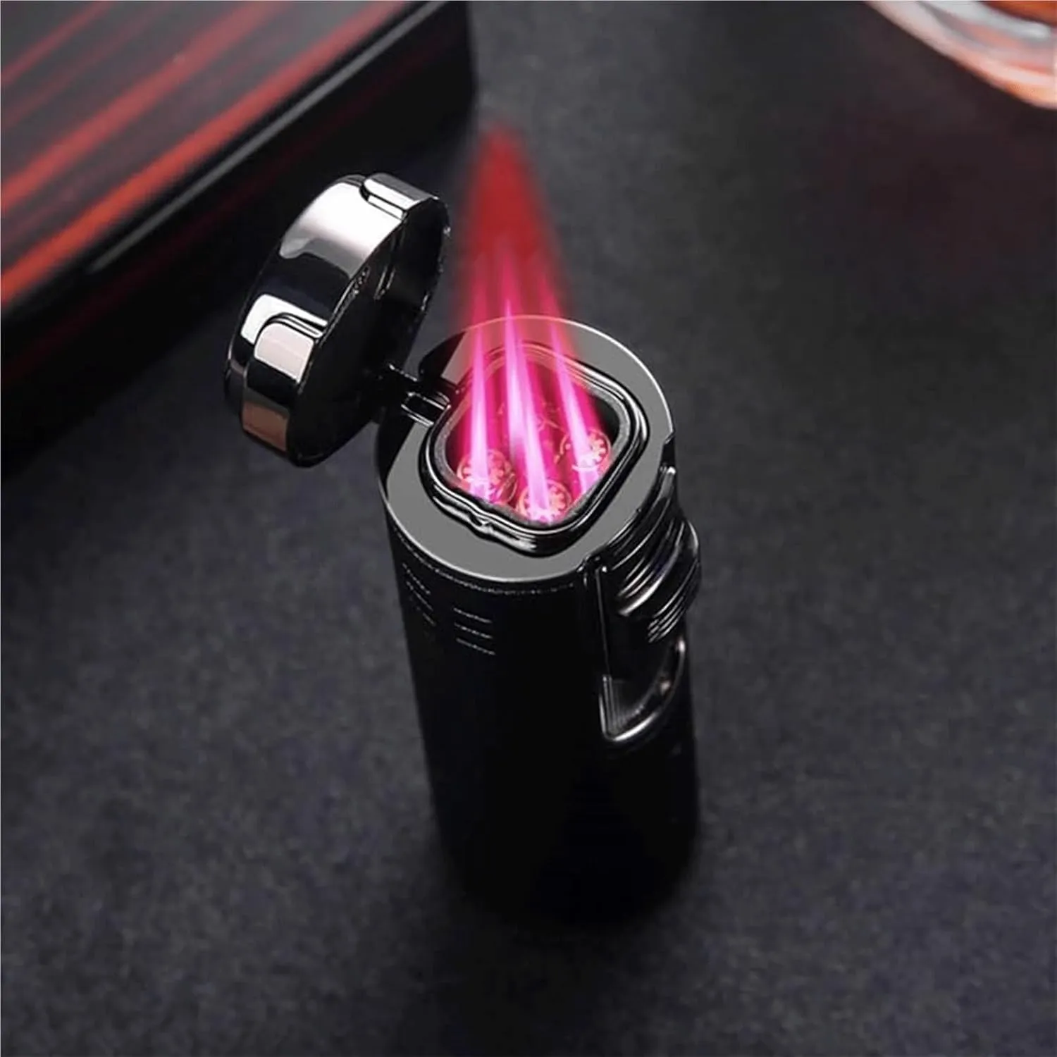 Metal Windproof Butane Lighter 4 Jet Red Flame Retro Flip Lighter with Punch Men's Gift Suitable for Kitchen Outdoor (No Butane)(Red)