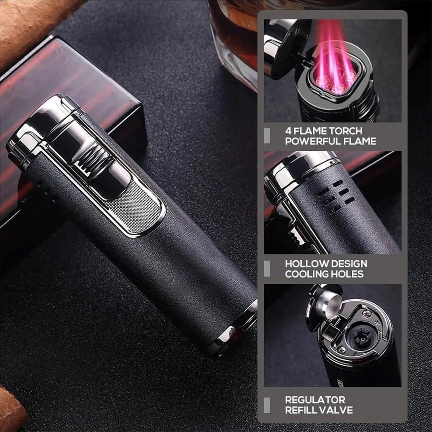 Metal Windproof Butane Lighter 4 Jet Red Flame Retro Flip Lighter with Punch Men's Gift Suitable for Kitchen Outdoor (No Butane)(Red)