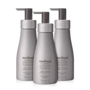 Method Foaming Hand Wash, Violet   Lavender, Reusable Silver Aluminum Bottle, Biodegradable Formula, 10 oz (Pack of 3)