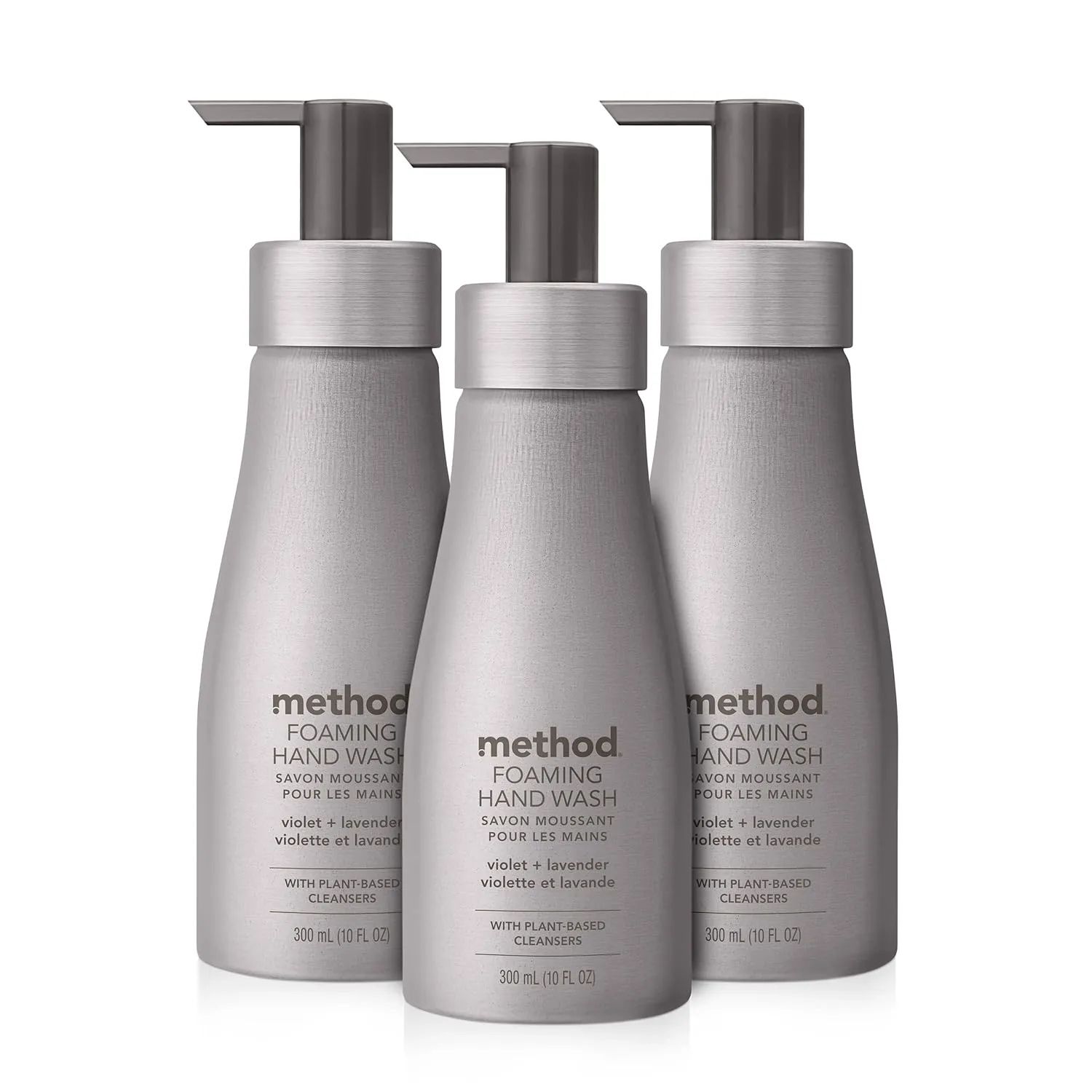 Method Foaming Hand Wash, Violet   Lavender, Reusable Silver Aluminum Bottle, Biodegradable Formula, 10 oz (Pack of 3)