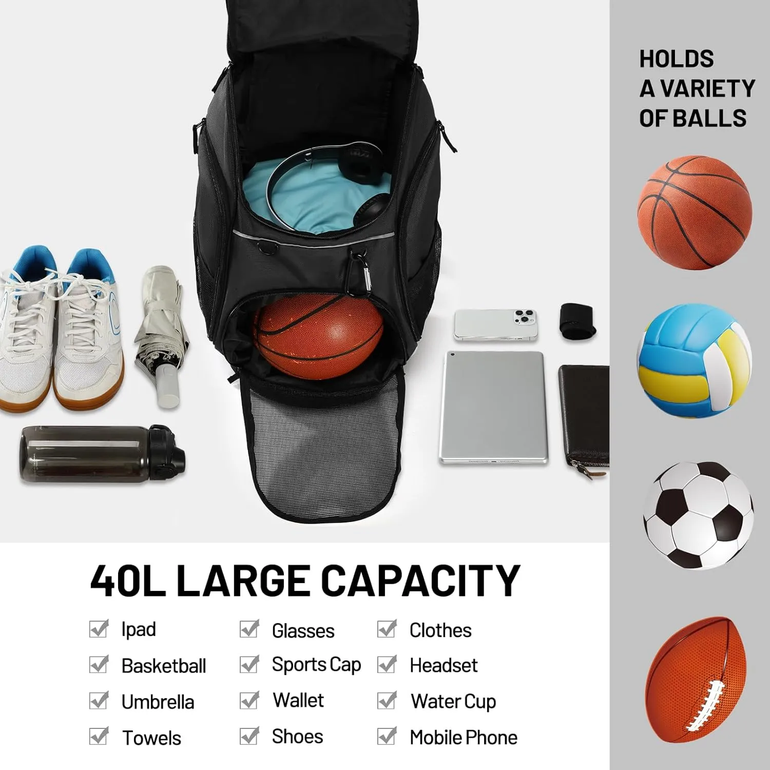 MIER Basketball Backpack Large Sports Soccer Bag with Ball/Shoes Holder for Men Women Volleyball Gym Equipment Training, 40L