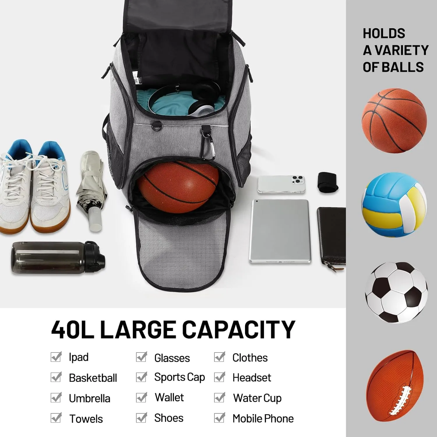 MIER Basketball Backpack Large Sports Soccer Bag with Ball/Shoes Holder for Men Women Volleyball Gym Equipment Training, 40L