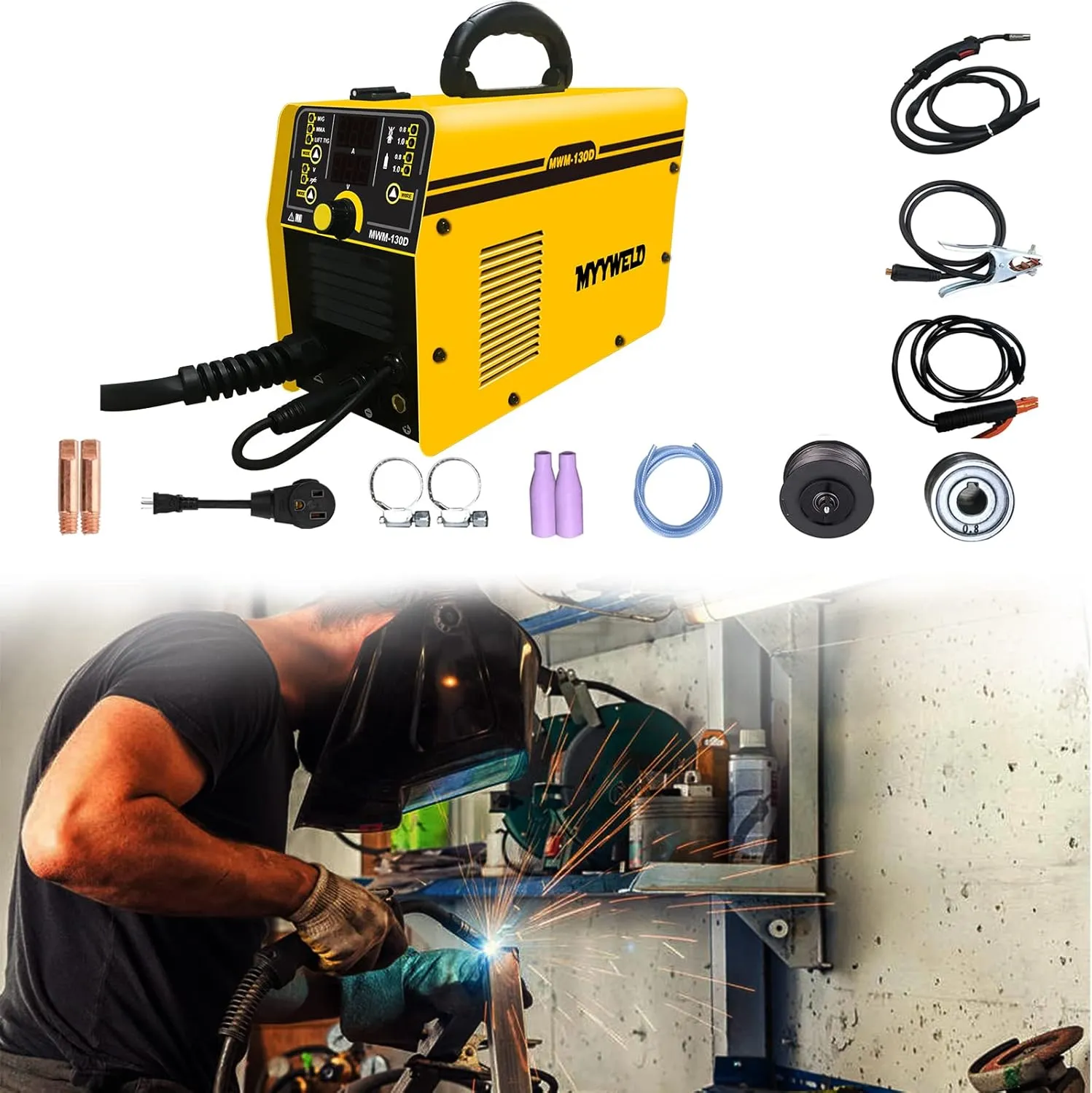 Mig Welder 130D, 110/220V Dual Voltage Gas/Gasless multiprocess welder, Solid Wire/Flux MIG/Stick ARC/Lift TIG 4 in 1, IGBT Inverter Welding Machine