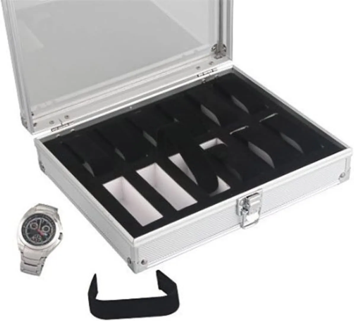 Mikikit 12-slot Watch Display Case Organizer Aluminum Glass Silver Lockable Showcase for Jewelry Storage Watch Box Holder