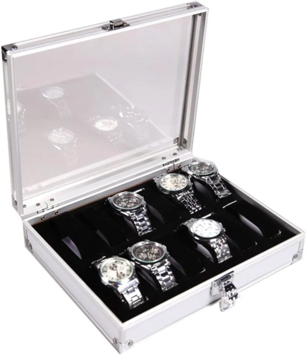 Mikikit 12-slot Watch Display Case Organizer Aluminum Glass Silver Lockable Showcase for Jewelry Storage Watch Box Holder