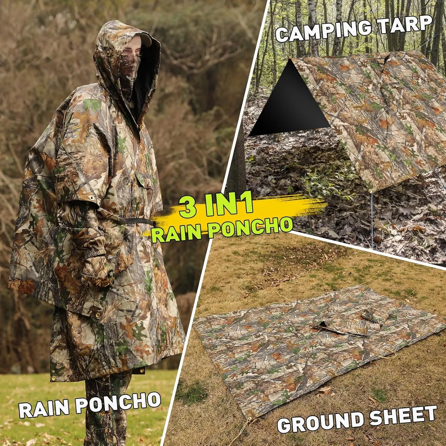 Military Poncho, Waterproof Camouflage Army Poncho, Multi Use Rip Stop Military Rain Poncho
