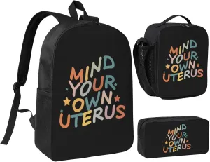 Mind Your Own Uterus Pro Choice Feminist Women's Rights Backpack Set Lightweight Laptop Backpack Lunch Bag with Pencil Case for Women Men Travel Work