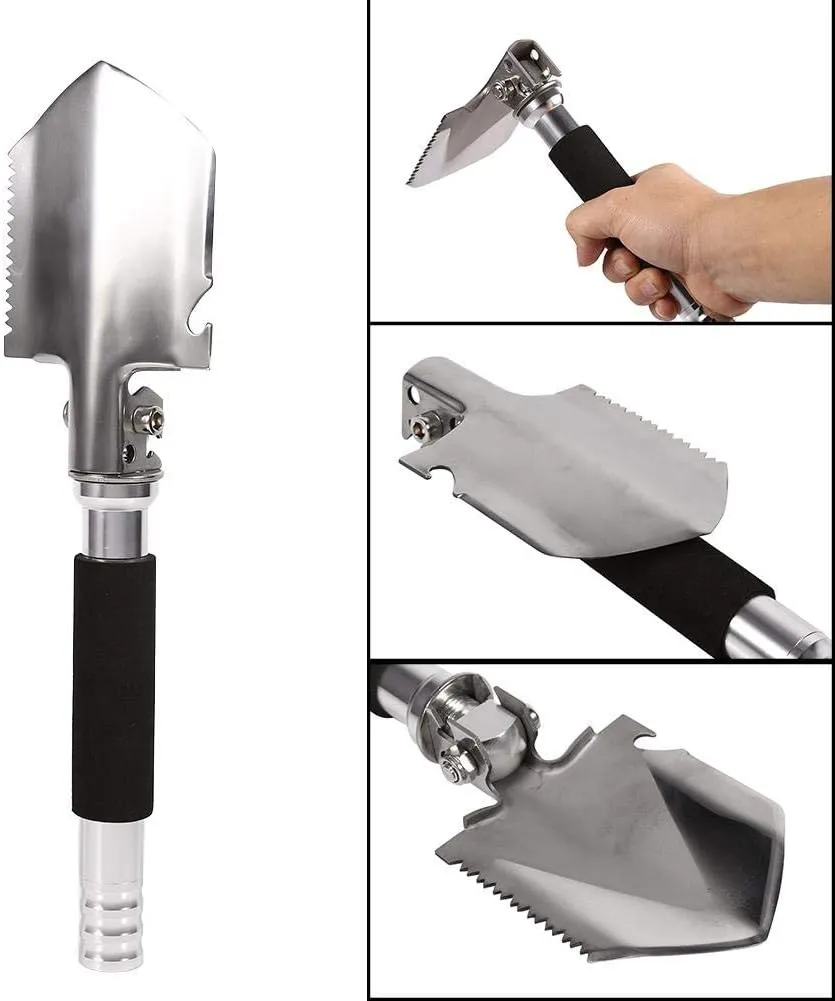 Mini Multi-Function Camping Folding Shovel Portable Survival Spade Garden Hiking Outdoor Trowel Dibble Pick Emergency Tool(Silver)