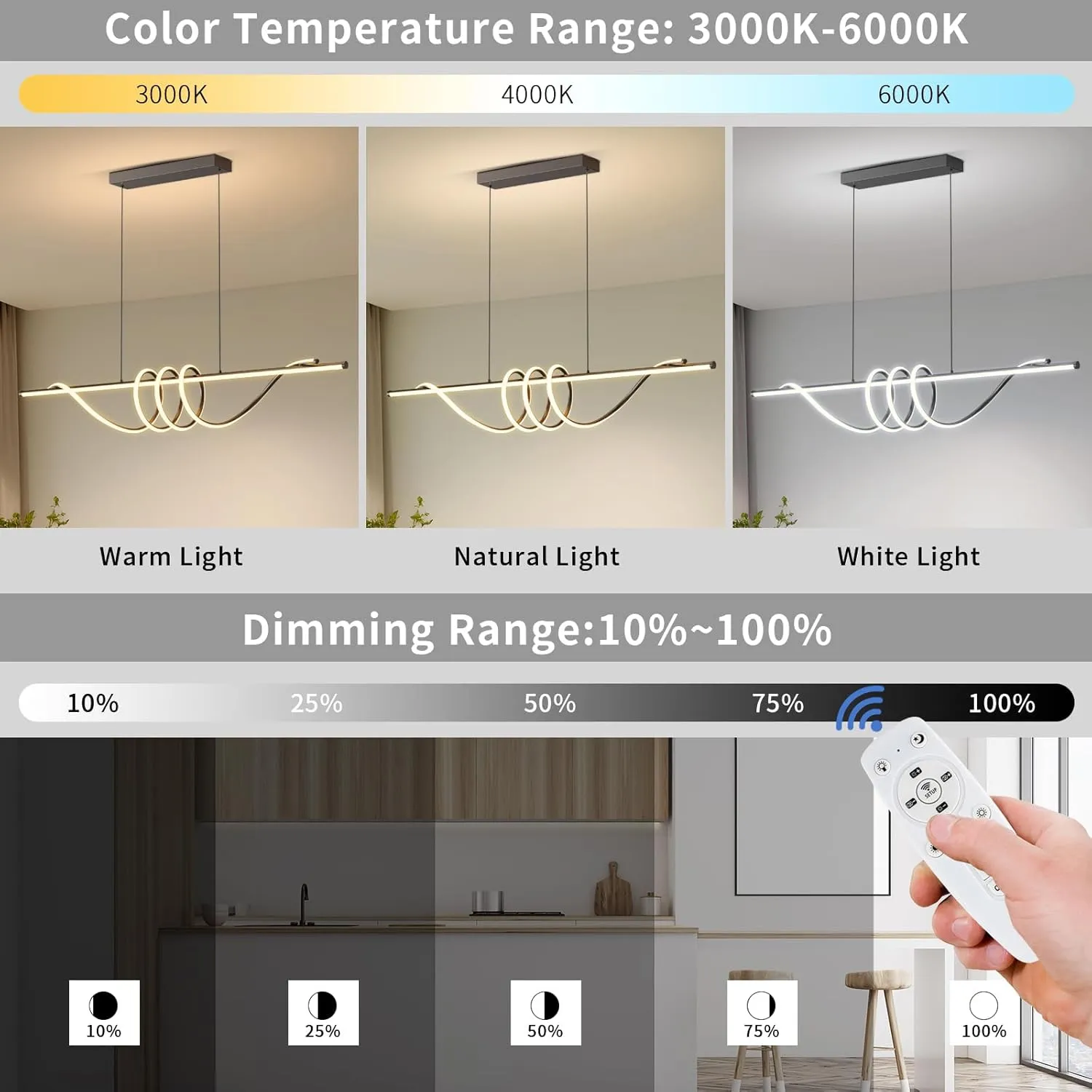 Modern LED Pendant Lights, Ceiling Chandelier Dimmable with Remote Control 3000k-6000K Adjustable Color Temperature, Aluminum Island Lighting Lamp Fixture for Kitchen, Dining Room(57in Black)