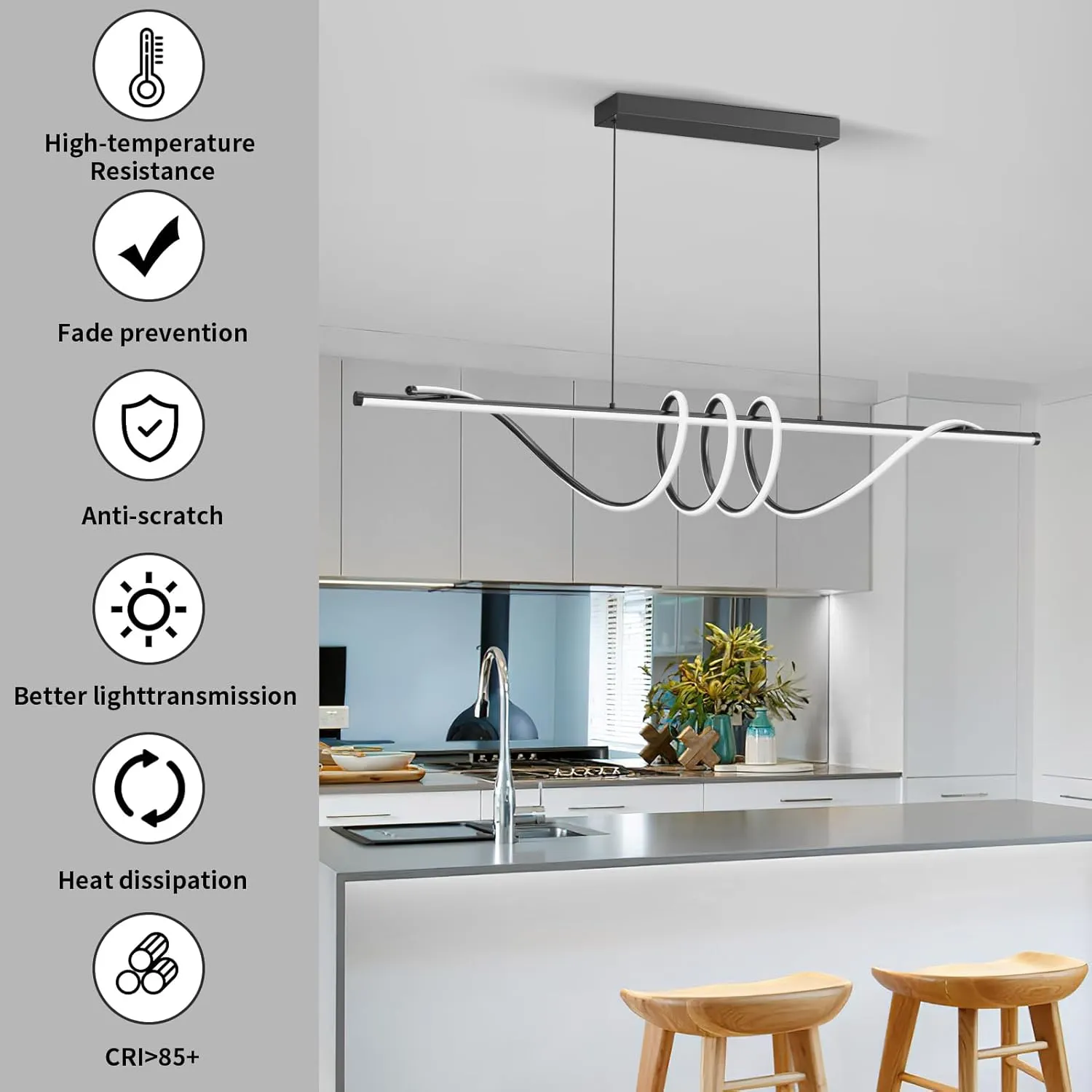 Modern LED Pendant Lights, Ceiling Chandelier Dimmable with Remote Control 3000k-6000K Adjustable Color Temperature, Aluminum Island Lighting Lamp Fixture for Kitchen, Dining Room(57in Black)