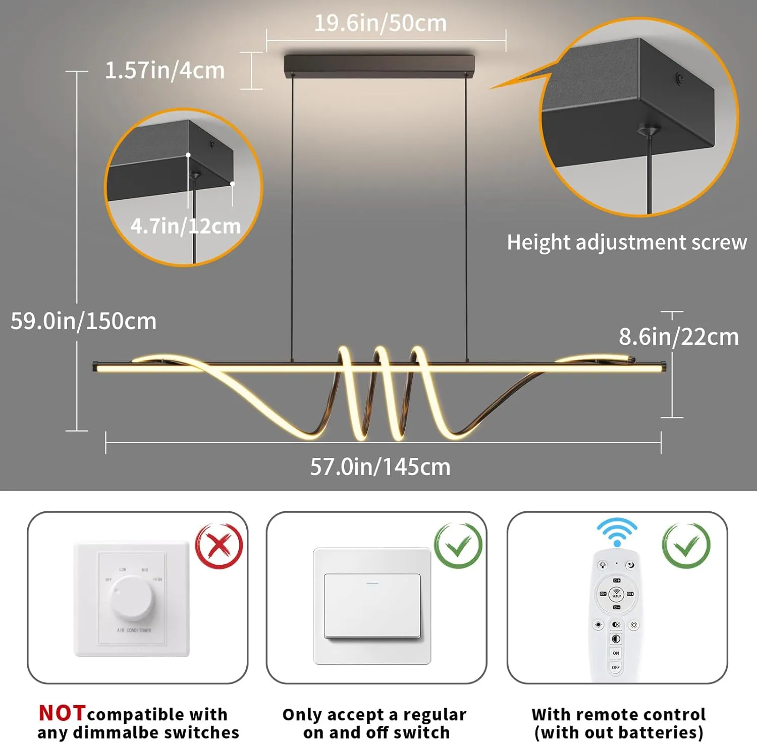 Modern LED Pendant Lights, Ceiling Chandelier Dimmable with Remote Control 3000k-6000K Adjustable Color Temperature, Aluminum Island Lighting Lamp Fixture for Kitchen, Dining Room(57in Black)