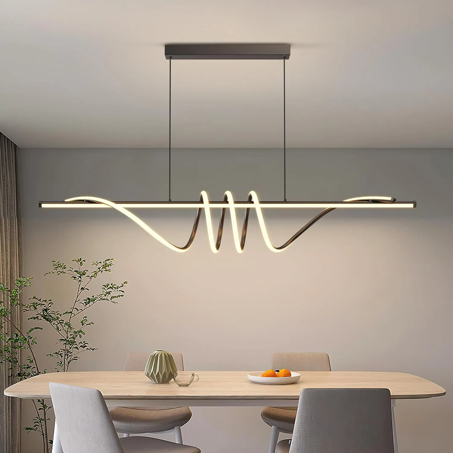 Modern LED Pendant Lights, Ceiling Chandelier Dimmable with Remote Control 3000k-6000K Adjustable Color Temperature, Aluminum Island Lighting Lamp Fixture for Kitchen, Dining Room(57in Black)