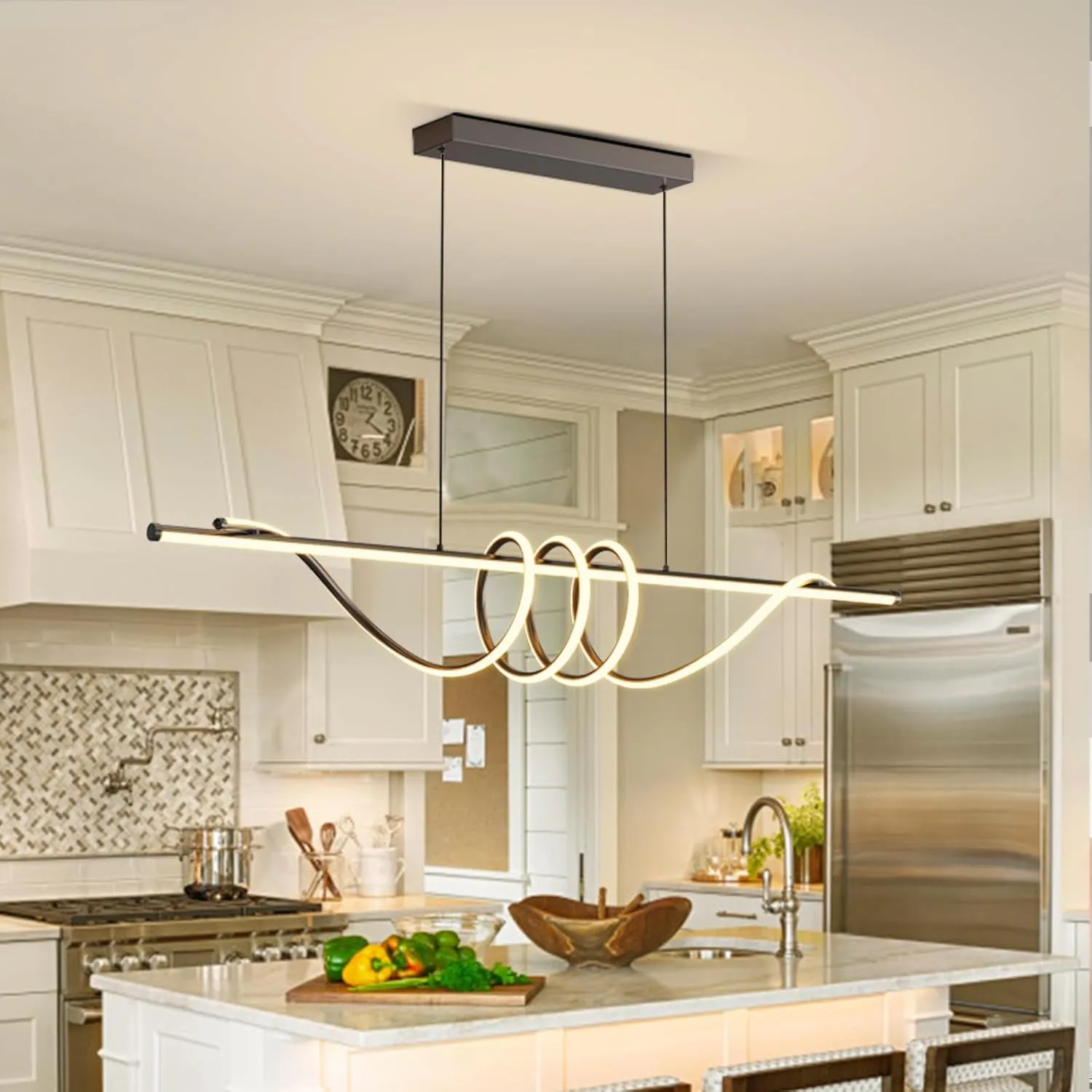 Modern LED Pendant Lights, Ceiling Chandelier Dimmable with Remote Control 3000k-6000K Adjustable Color Temperature, Aluminum Island Lighting Lamp Fixture for Kitchen, Dining Room(57in Black)