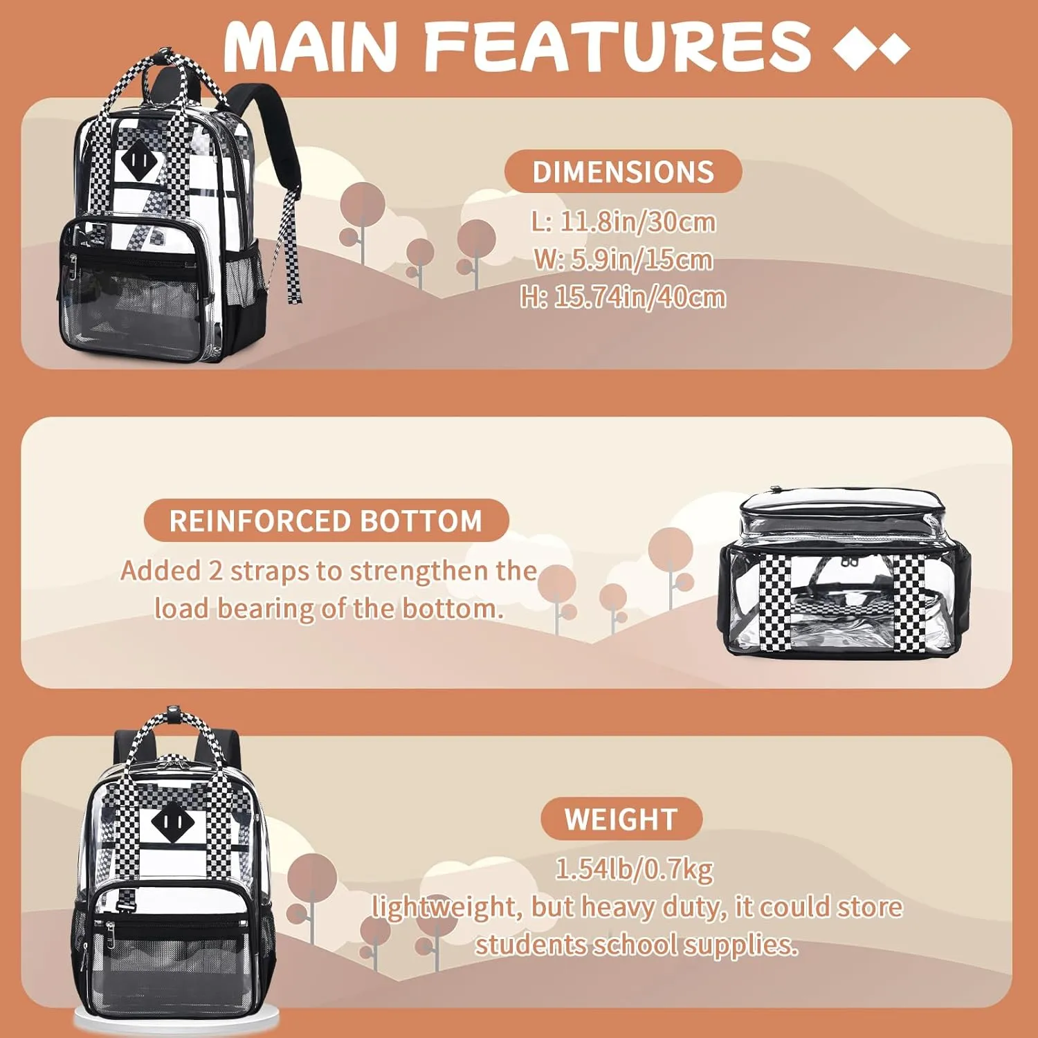 MOONBABY Clear Backpack for School Kids Clear Bookbag Heavy Duty PVC Transparent Backpack for Boys Girls Stadium Approved See Through Back Pack for Kindergarten Primary School, Checkered