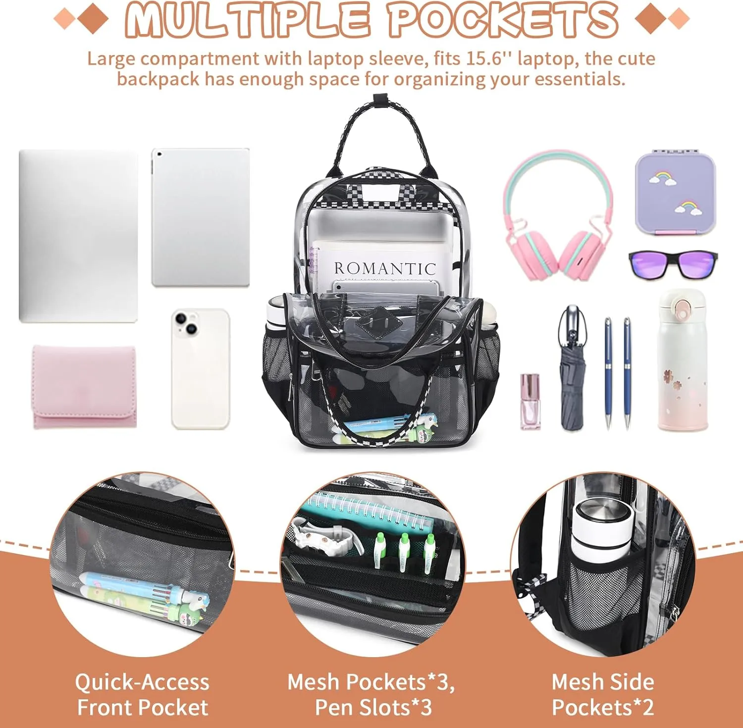 MOONBABY Clear Backpack for School Kids Clear Bookbag Heavy Duty PVC Transparent Backpack for Boys Girls Stadium Approved See Through Back Pack for Kindergarten Primary School, Checkered