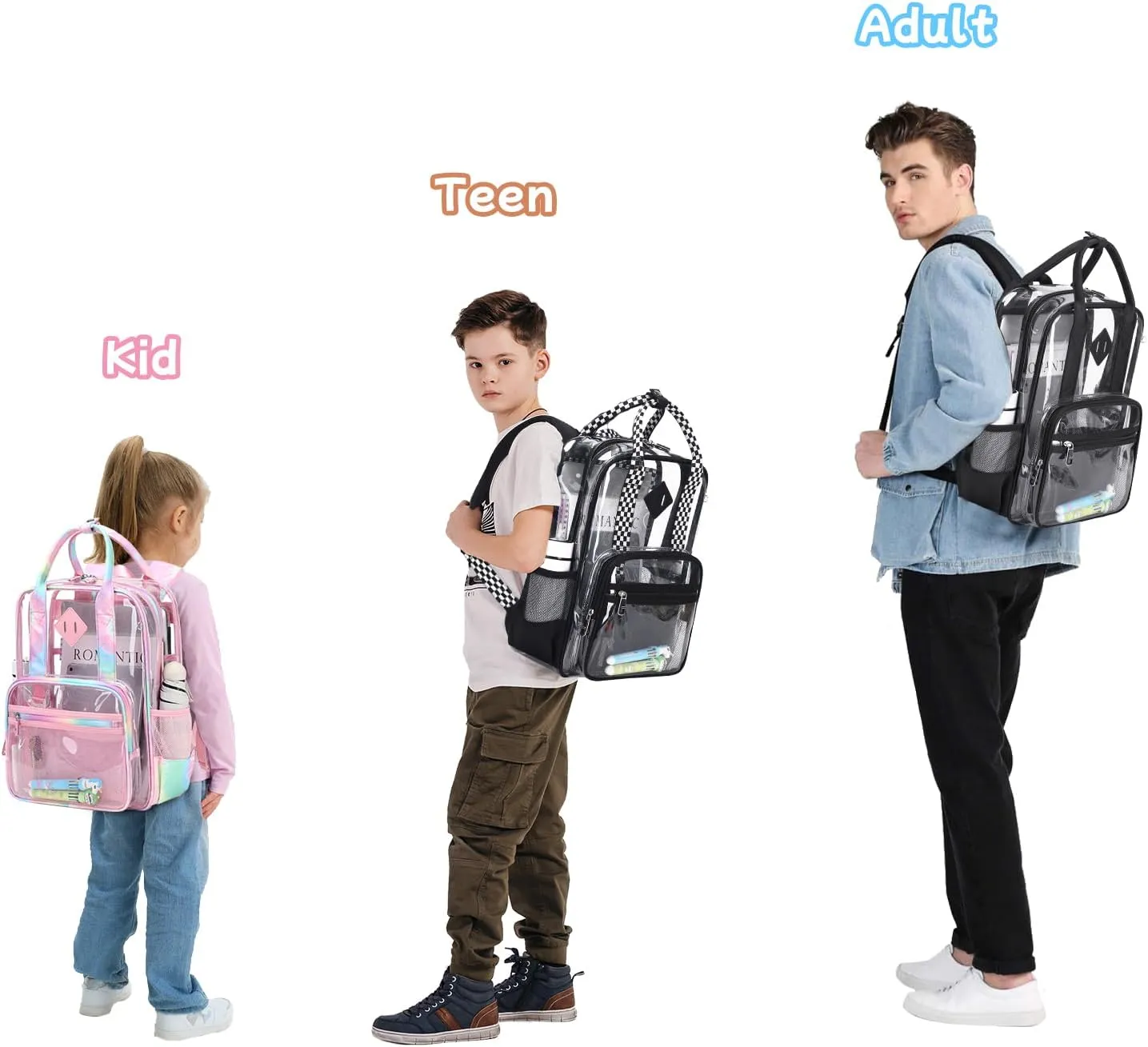 MOONBABY Clear Backpack for School Kids Clear Bookbag Heavy Duty PVC Transparent Backpack for Boys Girls Stadium Approved See Through Back Pack for Kindergarten Primary School, Checkered