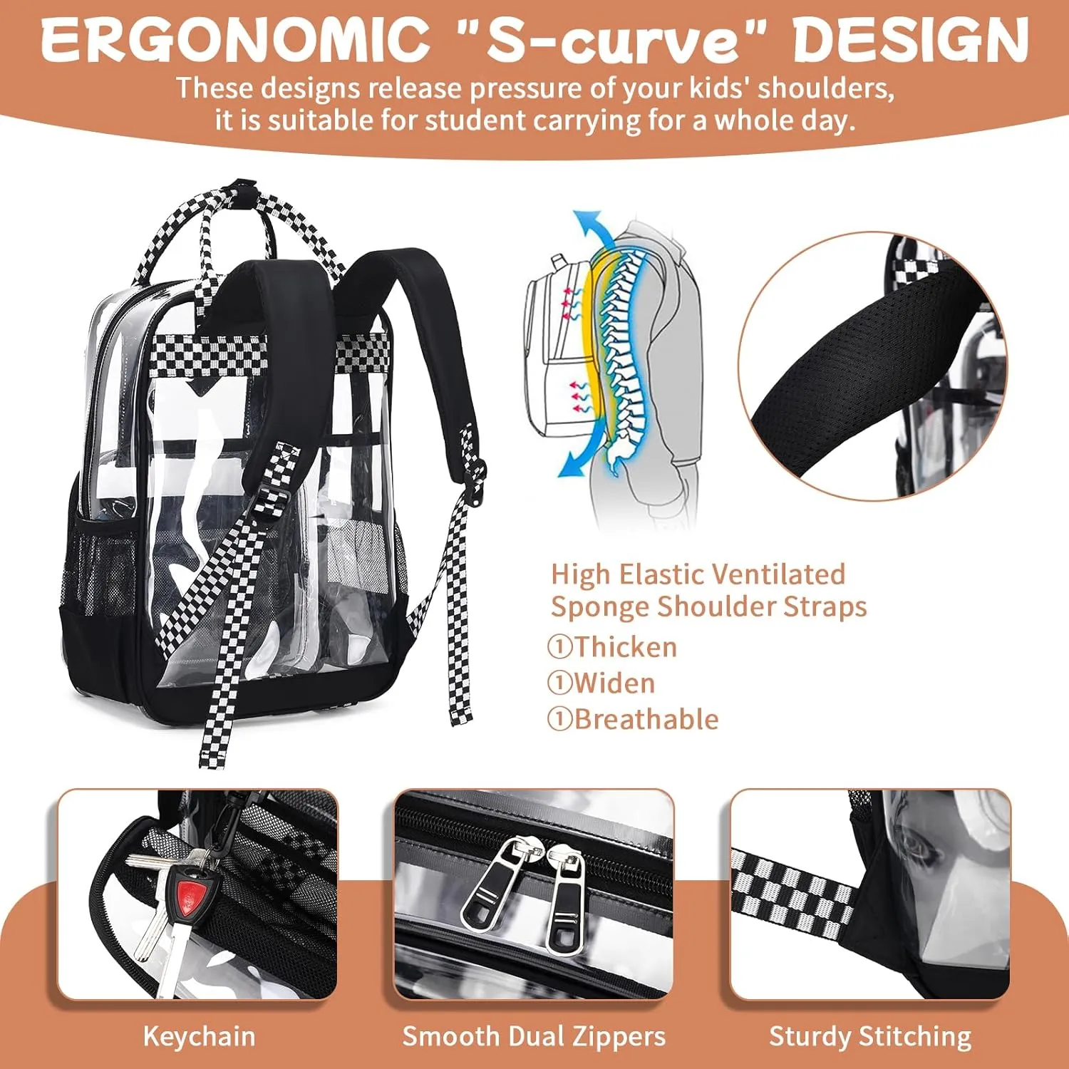 MOONBABY Clear Backpack for School Kids Clear Bookbag Heavy Duty PVC Transparent Backpack for Boys Girls Stadium Approved See Through Back Pack for Kindergarten Primary School, Checkered
