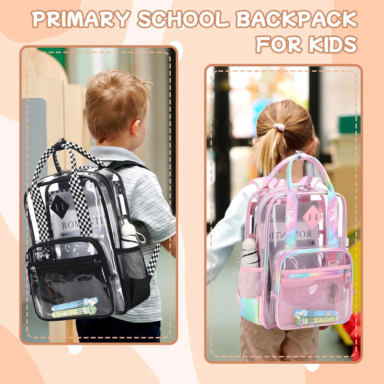 MOONBABY Clear Backpack for School Kids Clear Bookbag Heavy Duty PVC Transparent Backpack for Boys Girls Stadium Approved See Through Back Pack for Kindergarten Primary School, Checkered