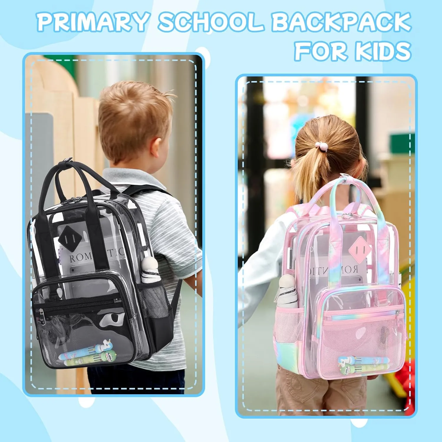 MOONBABY Clear Backpack for Stadium Events Kids Clear Bookbag for Girls Boys Elementary School Heavy Duty PVC Small Transparent Backpack, Black