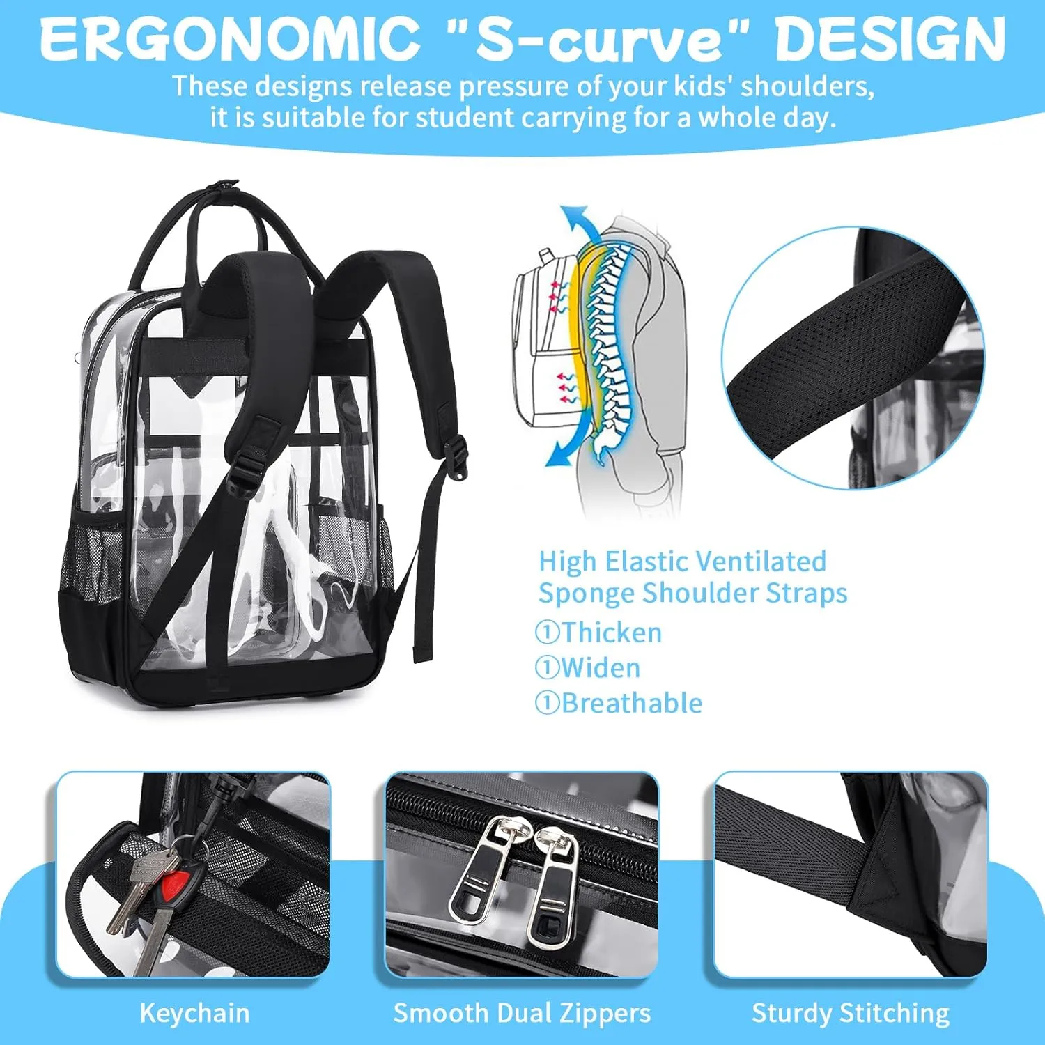 MOONBABY Clear Backpack for Stadium Events Kids Clear Bookbag for Girls Boys Elementary School Heavy Duty PVC Small Transparent Backpack, Black