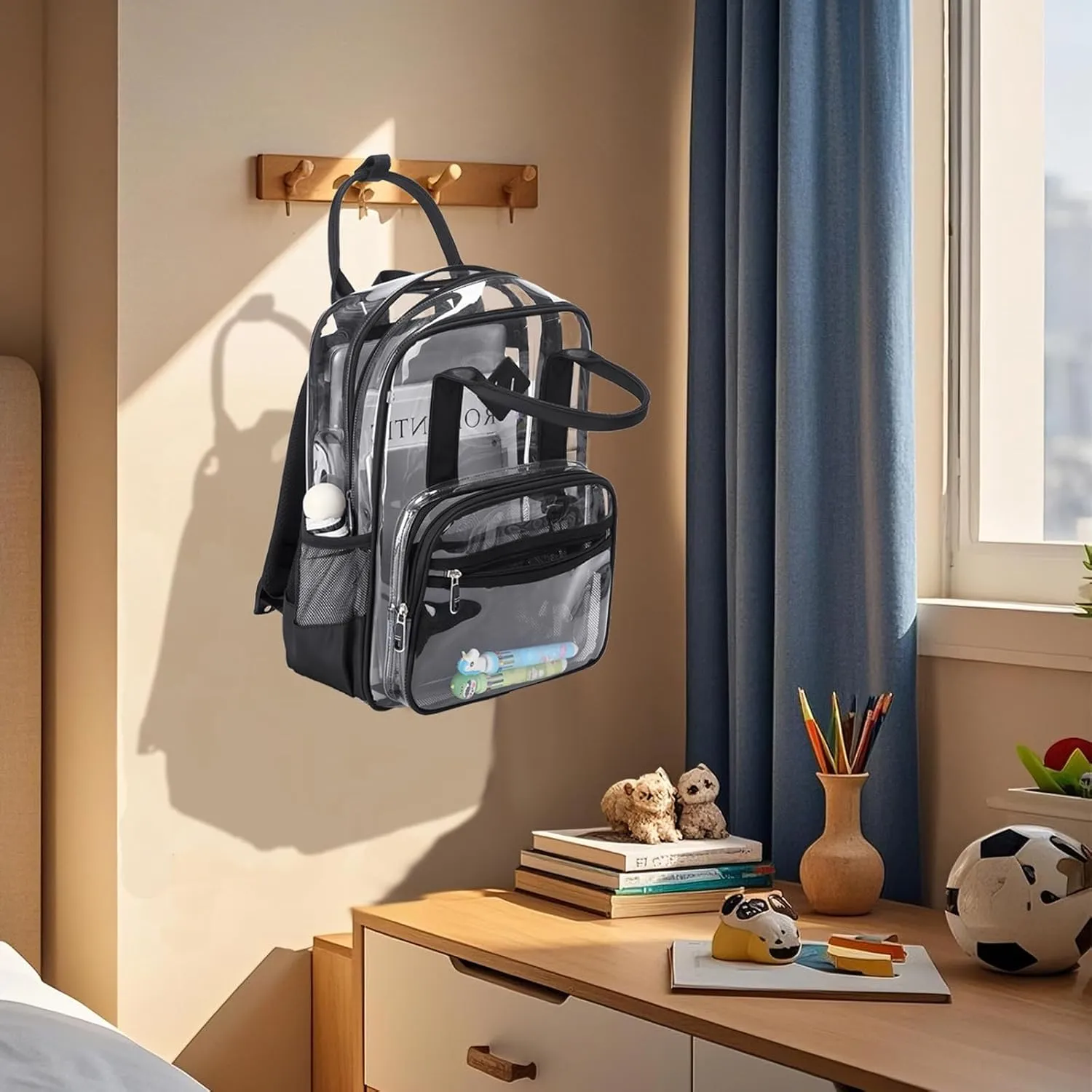 MOONBABY Clear Backpack for Stadium Events Kids Clear Bookbag for Girls Boys Elementary School Heavy Duty PVC Small Transparent Backpack, Black
