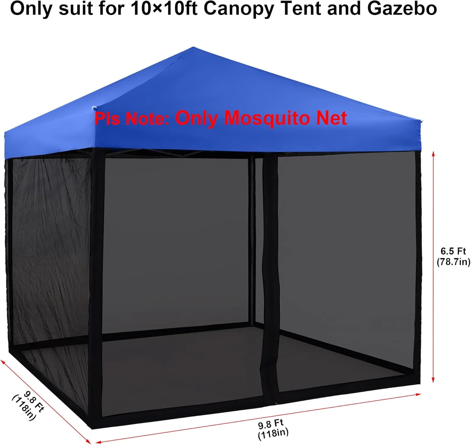 Mosquito Net with Zipper for 10' x 10' Patio Gazebo Canopy and Tent, Zippered Mesh Sidewalls Screen Walls for Outdoor Camping and Garden (Black, Mosquito Net Only)
