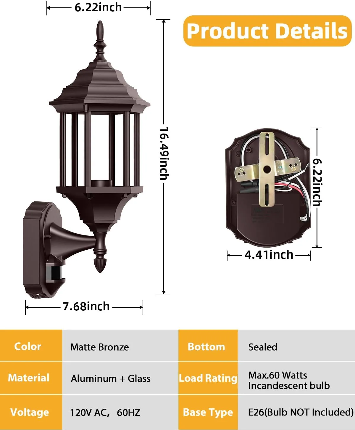 Motion Sensor Outdoor Lights, 16 inch Dusk to Dawn Outside Porch Lights, Waterproof Anti-Rust Aluminum Outdoor Wall Lights Exterior Lighting Fixtures for House, Garage, Front Door, Brown