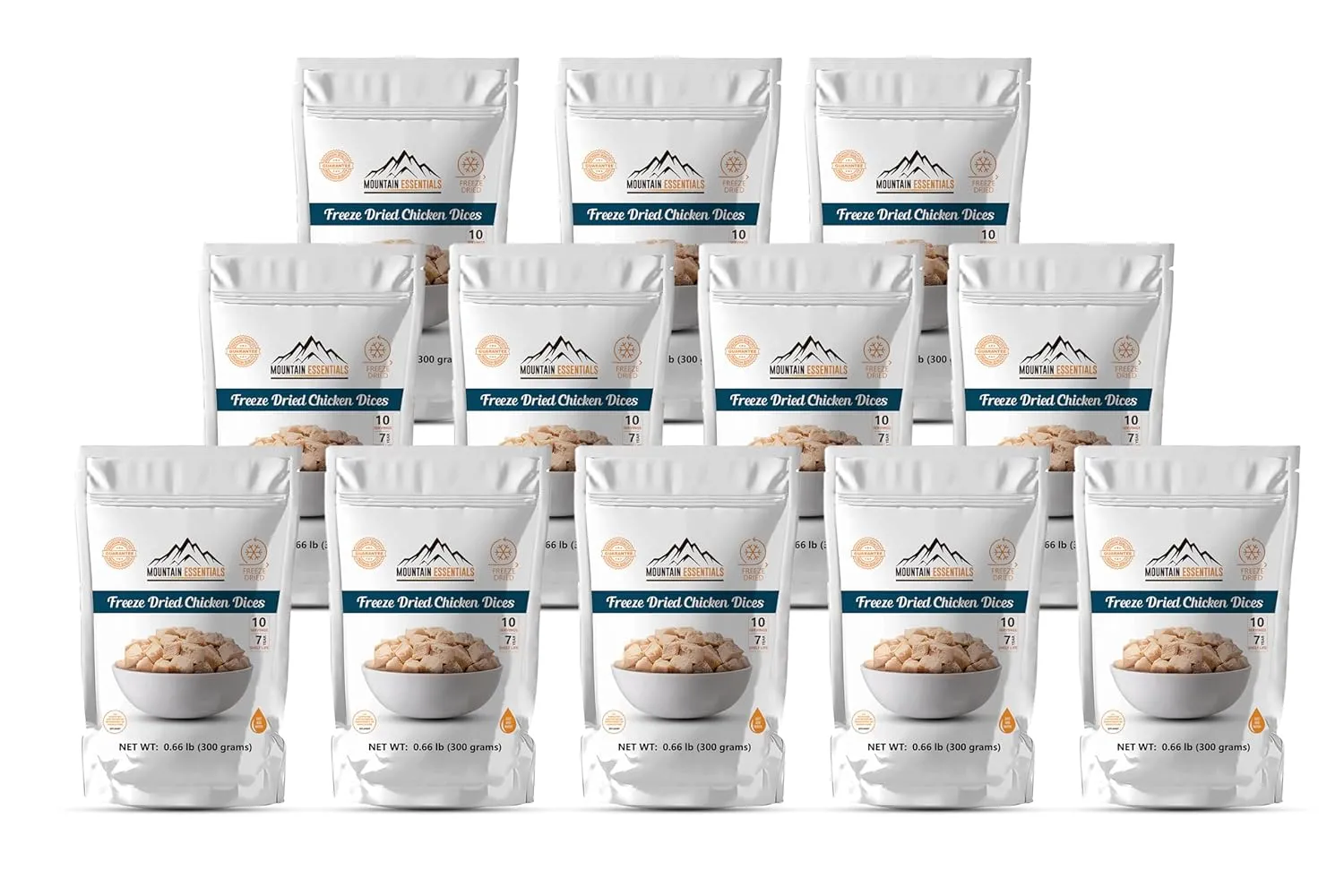 MOUNTAIN ESSENTIALS Freeze Dried Chicken Dices | Pre-Cooked Meat Emergency Survival Bulk Food Storage Ready to Eat Fully Cooked Home Meals Hunting, Survival, Camping, Backpacking Food 10 serving per Pouch Pack of 12