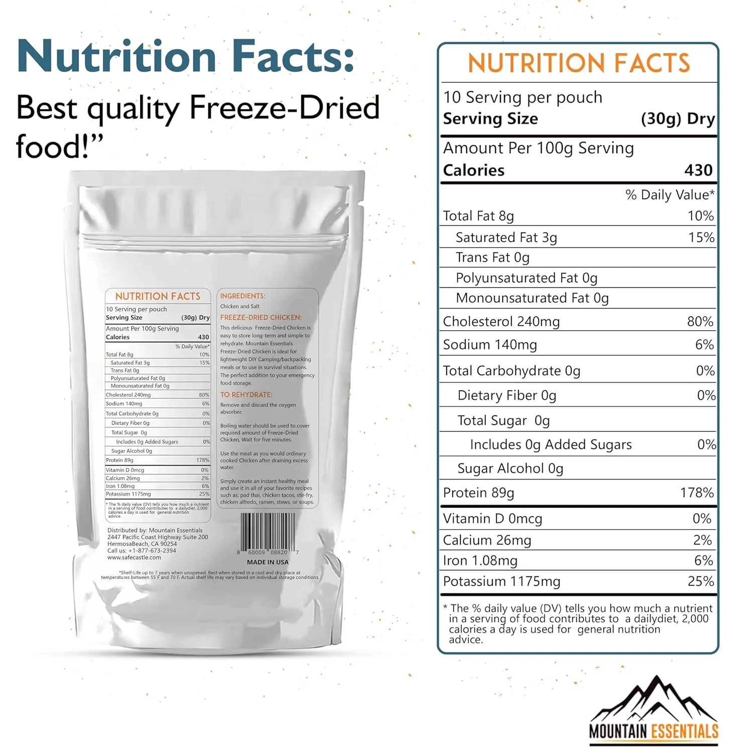 MOUNTAIN ESSENTIALS Freeze Dried Chicken Dices | Pre-Cooked Meat Emergency Survival Bulk Food Storage Ready to Eat Fully Cooked Home Meals Hunting, Survival, Camping, Backpacking Food 10 serving per Pouch Pack of 12