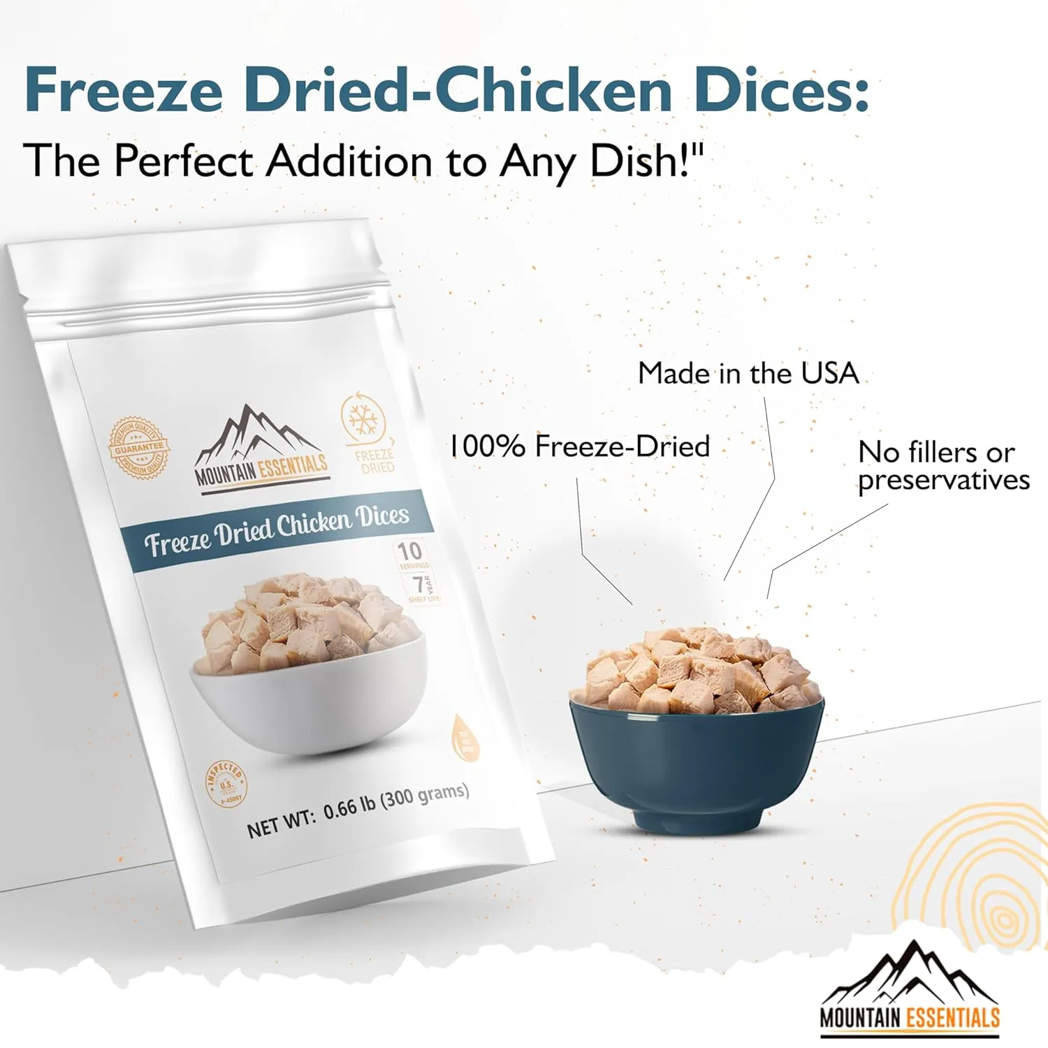 MOUNTAIN ESSENTIALS Freeze Dried Chicken Dices | Pre-Cooked Meat Emergency Survival Bulk Food Storage Ready to Eat Fully Cooked Home Meals Hunting, Survival, Camping, Backpacking Food 10 serving per Pouch Pack of 12