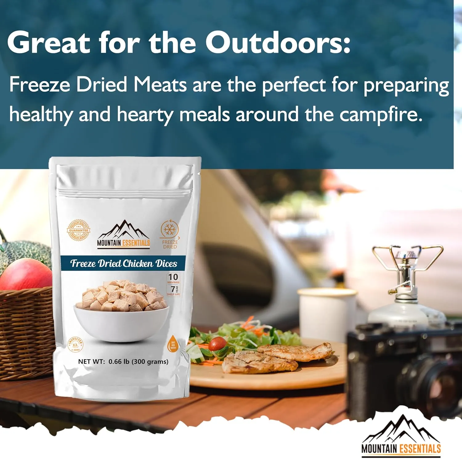 MOUNTAIN ESSENTIALS Freeze Dried Chicken Dices | Pre-Cooked Meat Emergency Survival Bulk Food Storage Ready to Eat Fully Cooked Home Meals Hunting, Survival, Camping, Backpacking Food 10 serving per Pouch Pack of 12