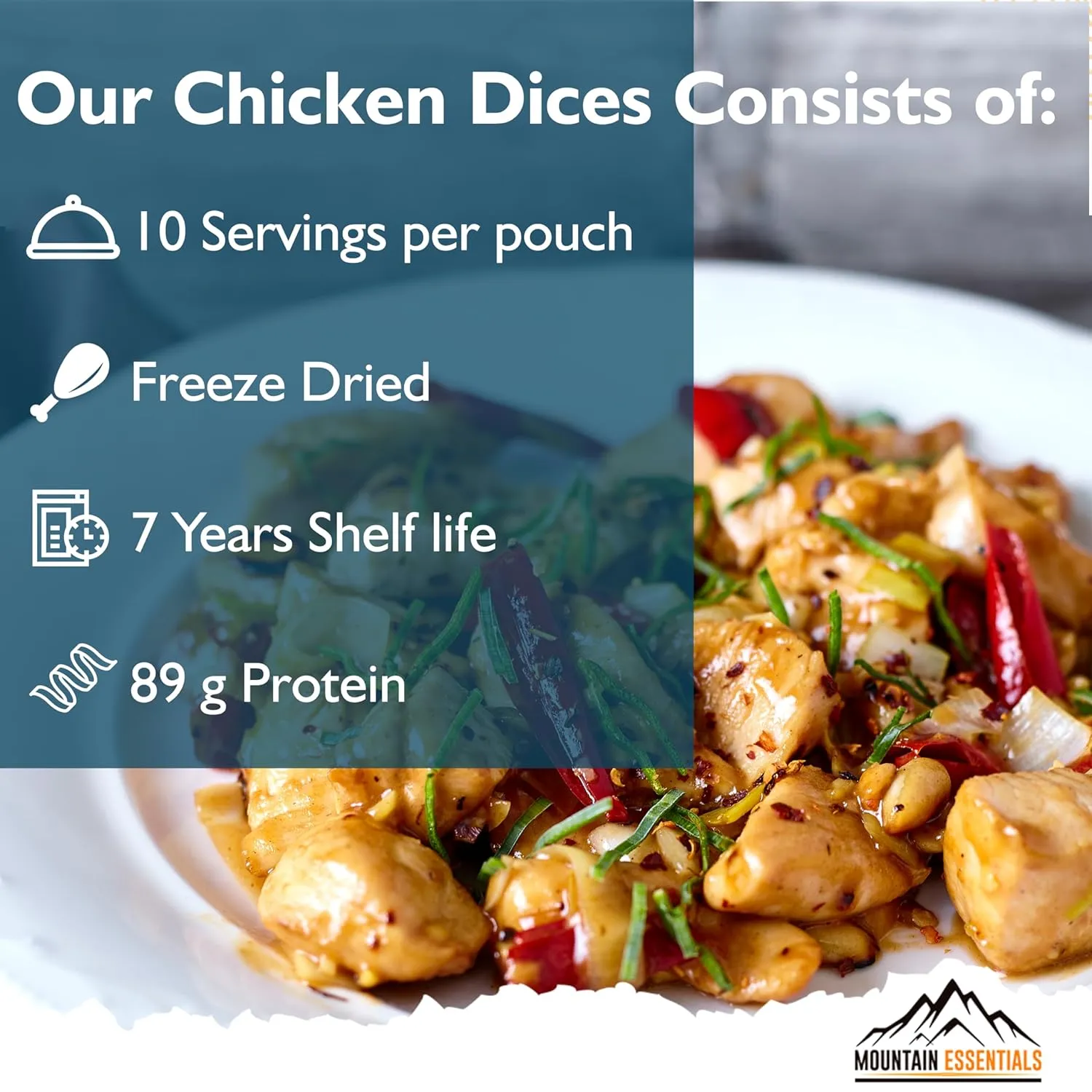 MOUNTAIN ESSENTIALS Freeze Dried Chicken Dices | Pre-Cooked Meat Emergency Survival Bulk Food Storage Ready to Eat Fully Cooked Home Meals Hunting, Survival, Camping, Backpacking Food 10 serving per Pouch Pack of 12