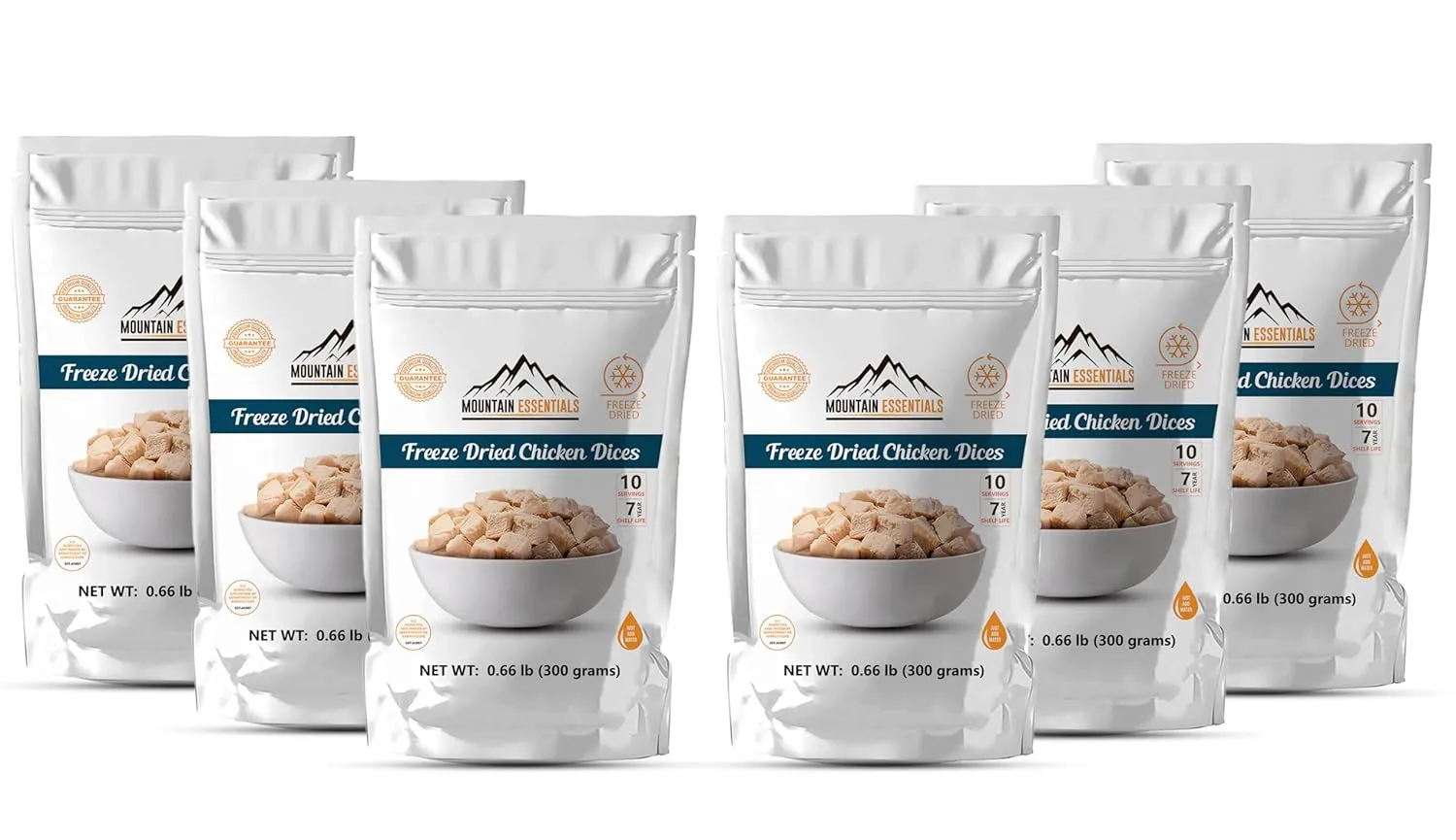 MOUNTAIN ESSENTIALS Freeze Dried Chicken Dices | Pre-Cooked Meat Emergency Survival Bulk Food Storage Ready to Eat Fully Cooked Home Meals Hunting, Survival, Camping, Backpacking Food 10 serving per Pouch Pack of 6