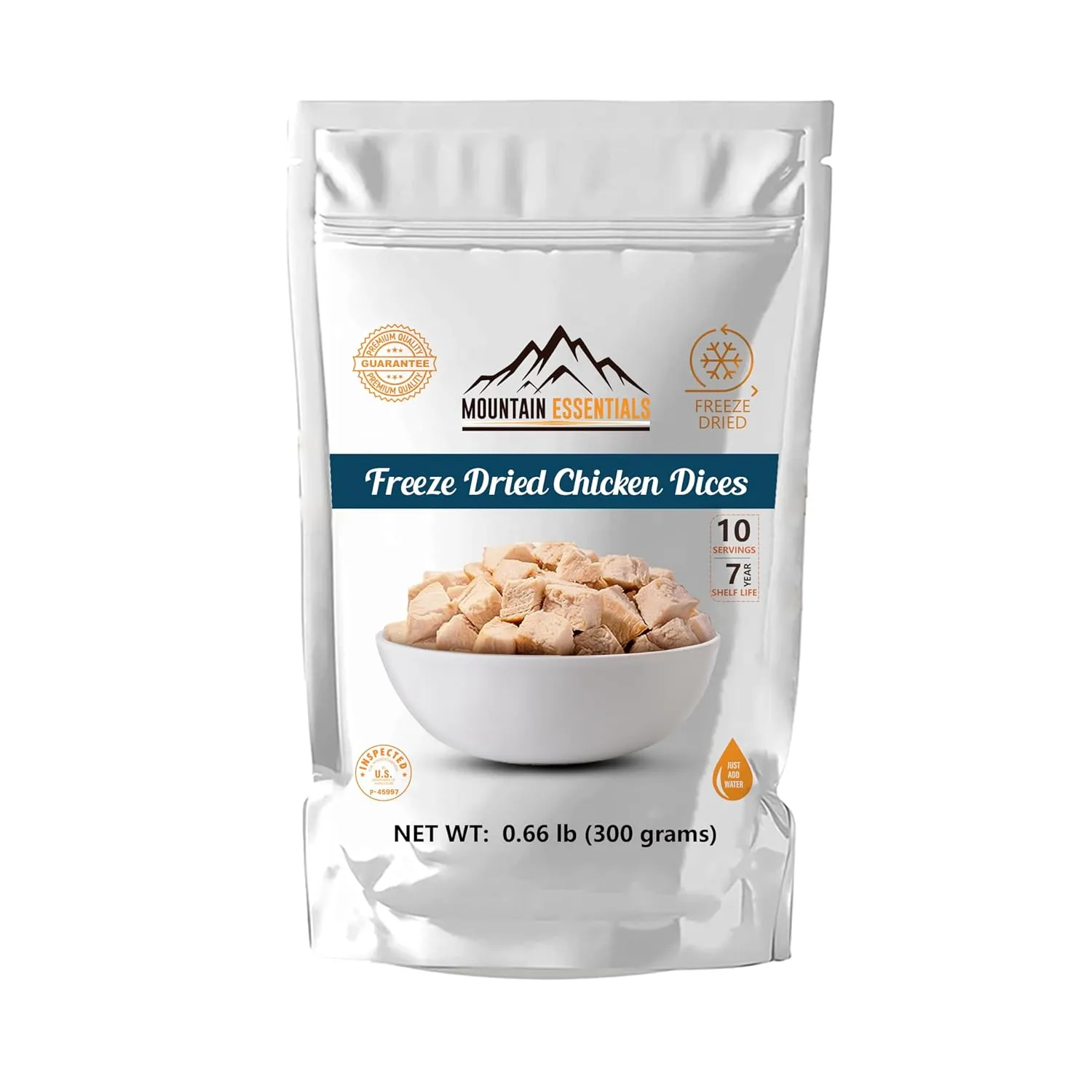 MOUNTAIN ESSENTIALS Freeze Dried Chicken Dices | Pre-Cooked Meat Emergency Survival Bulk Food Storage Ready to Eat Fully Cooked Home Meals Hunting, Survival, Camping, Backpacking Food 10 serving per Pouch Pack of 6