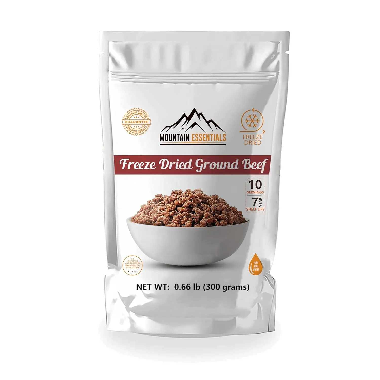 MOUNTAIN ESSENTIALS Freeze Dried Ground Beef Pre-Cooked and Ready to Eat Hamburger Meat | No Preservatives | Everyday Meal Prep, Emergency Food Supply and Camping Food 10 Servings per Pouch Made in USA 7-Year Shelf Life Pack of 12
