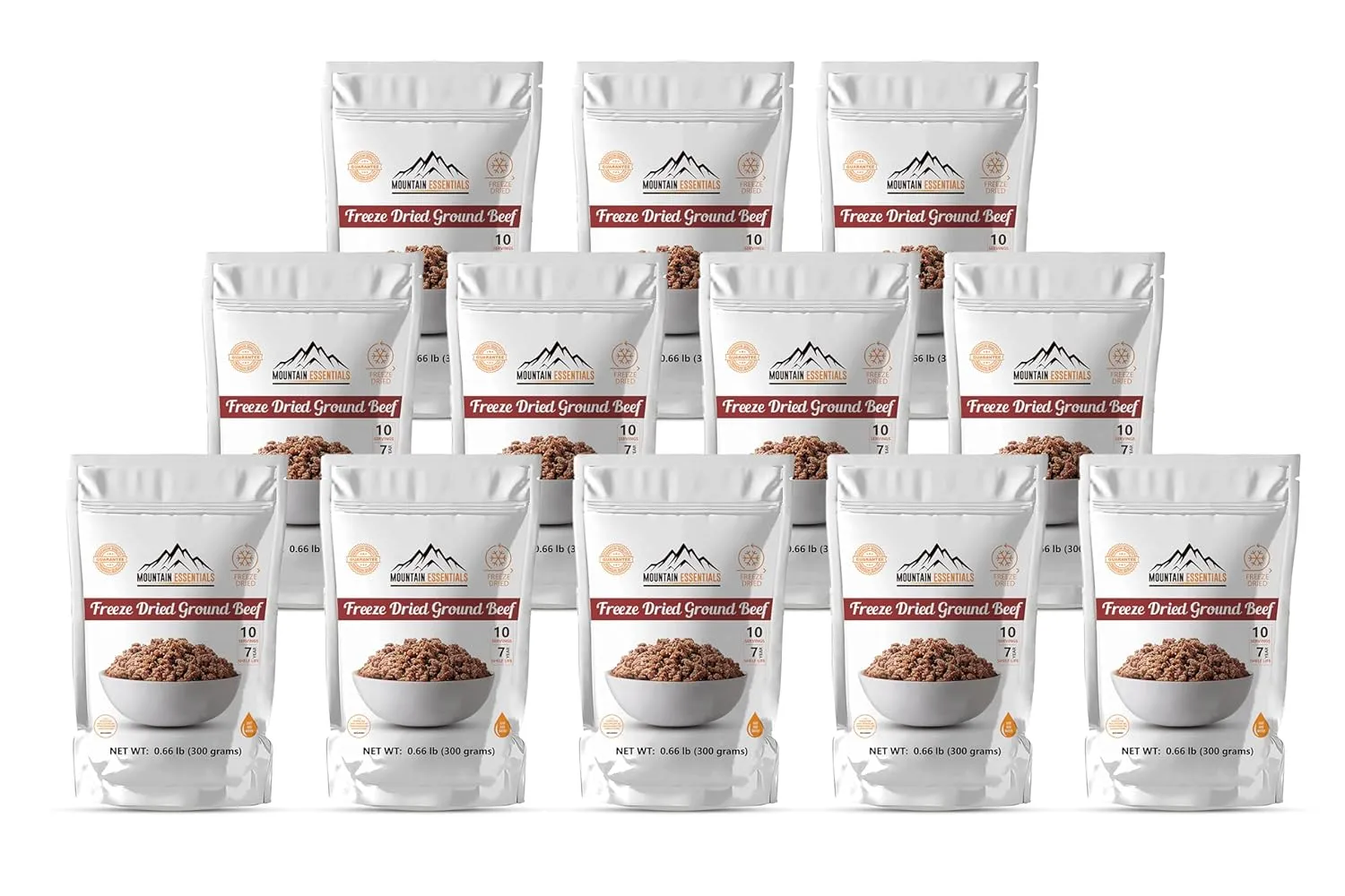 MOUNTAIN ESSENTIALS Freeze Dried Ground Beef Pre-Cooked and Ready to Eat Hamburger Meat | No Preservatives | Everyday Meal Prep, Emergency Food Supply and Camping Food 10 Servings per Pouch Made in USA 7-Year Shelf Life Pack of 12