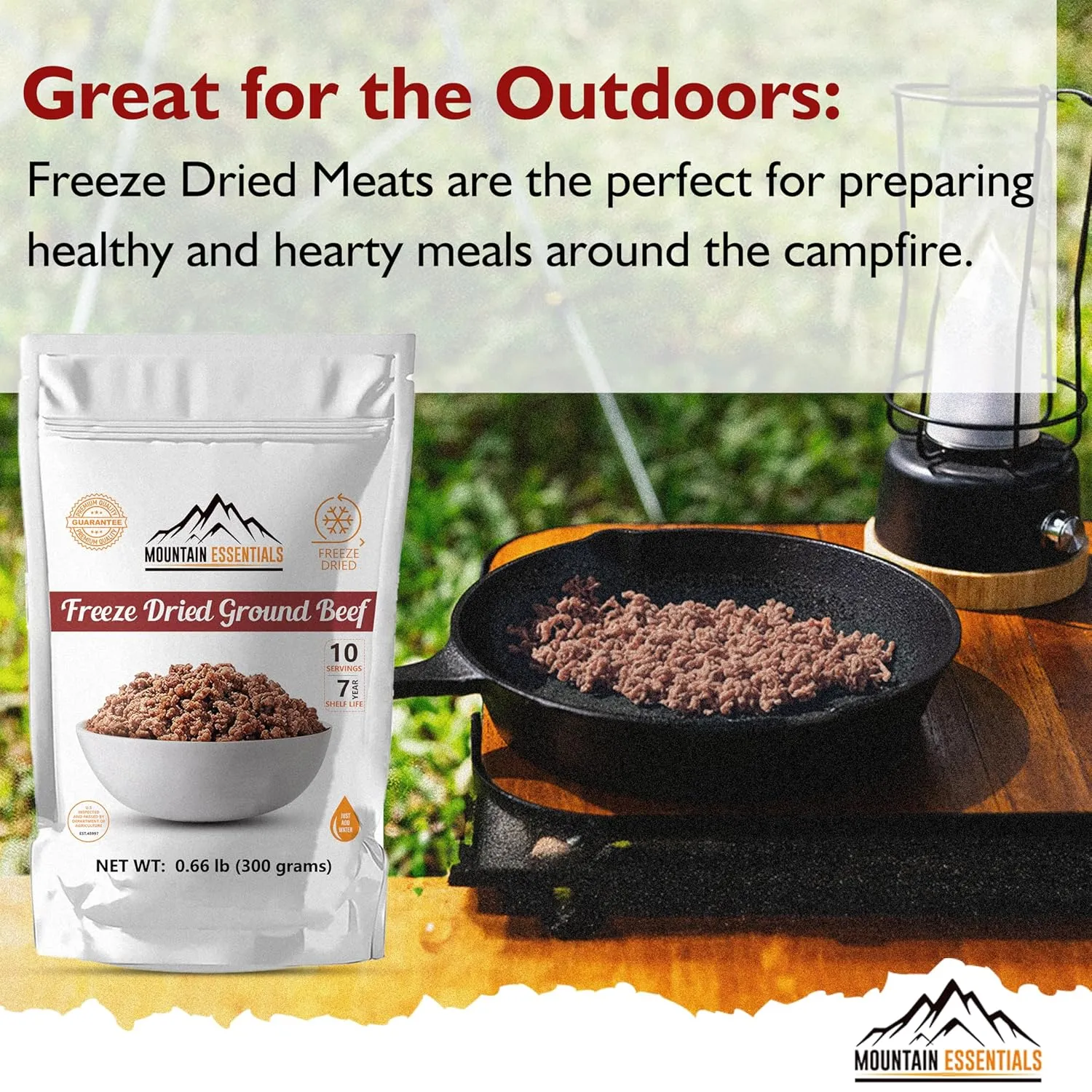 MOUNTAIN ESSENTIALS Freeze Dried Ground Beef Pre-Cooked and Ready to Eat Hamburger Meat | No Preservatives | Everyday Meal Prep, Emergency Food Supply and Camping Food 10 Servings per Pouch Made in USA 7-Year Shelf Life Pack of 1