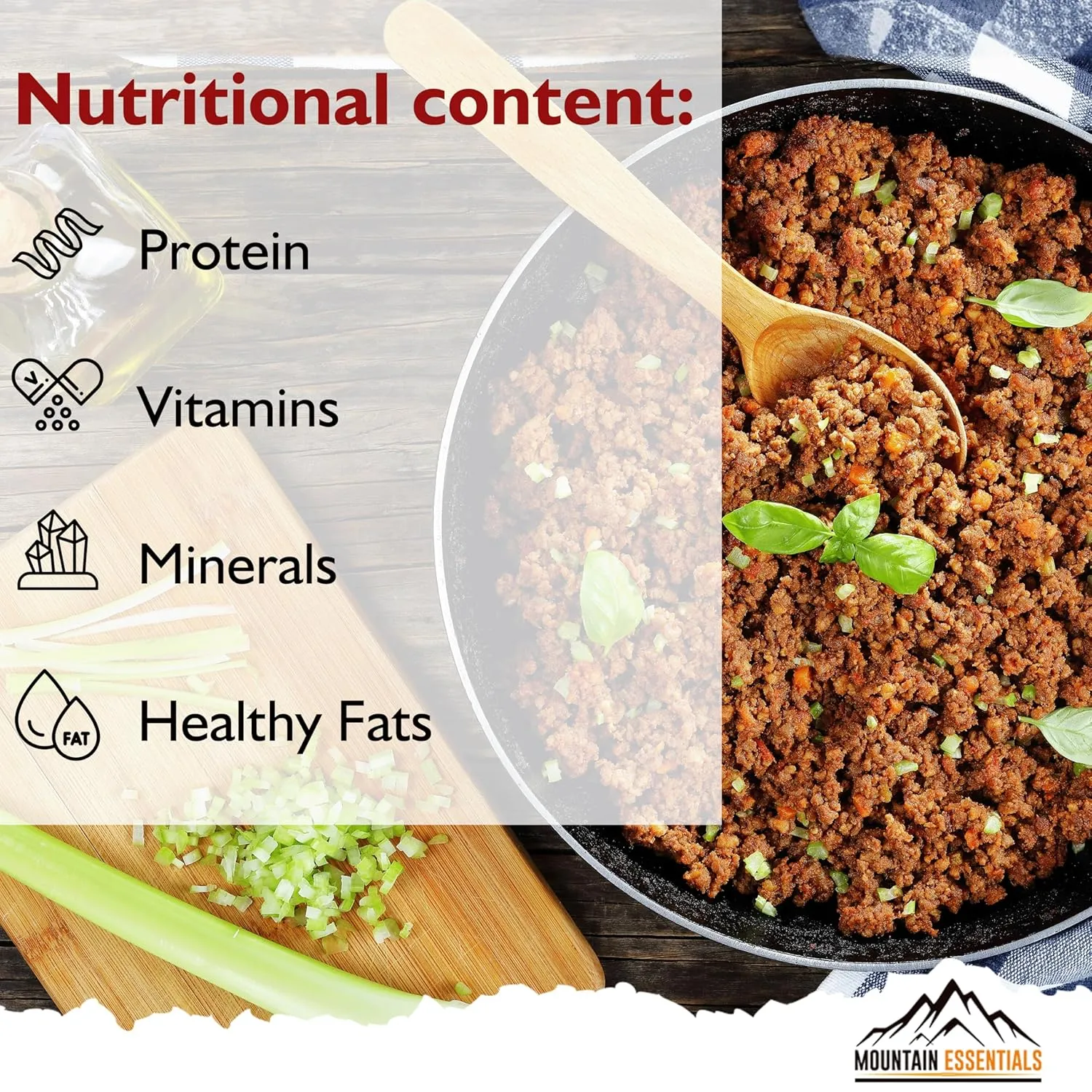 MOUNTAIN ESSENTIALS Freeze Dried Ground Beef Pre-Cooked and Ready to Eat Hamburger Meat | No Preservatives | Everyday Meal Prep, Emergency Food Supply and Camping Food 10 Servings per Pouch Made in USA 7-Year Shelf Life Pack of 1