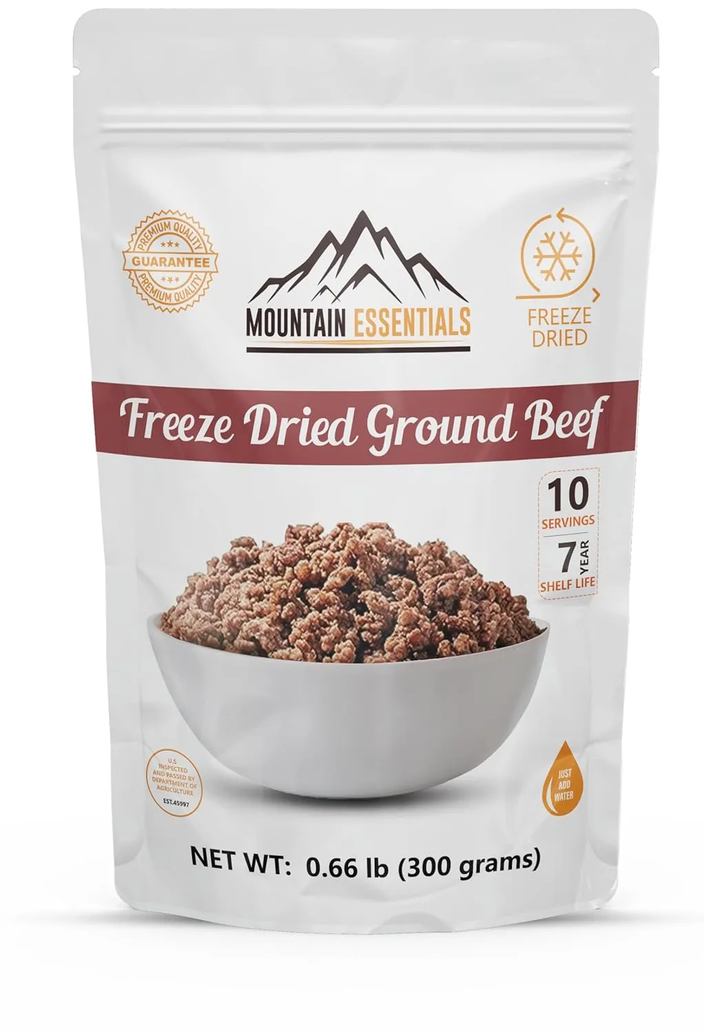 MOUNTAIN ESSENTIALS Freeze Dried Ground Beef Pre-Cooked and Ready to Eat Hamburger Meat | No Preservatives | Everyday Meal Prep, Emergency Food Supply and Camping Food 10 Servings per Pouch Made in USA 7-Year Shelf Life Pack of 1