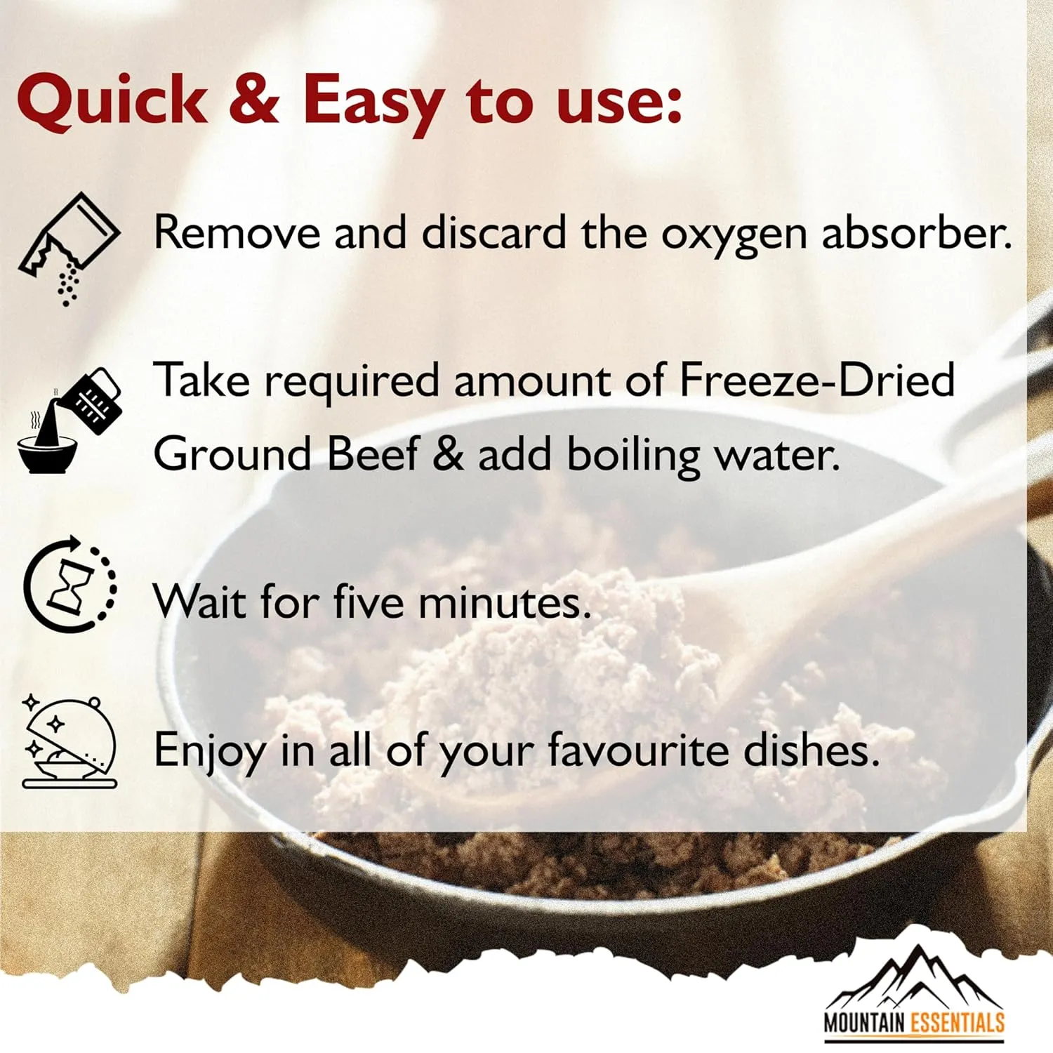 MOUNTAIN ESSENTIALS Freeze Dried Ground Beef Pre-Cooked and Ready to Eat Hamburger Meat | No Preservatives | Everyday Meal Prep, Emergency Food Supply and Camping Food 10 Servings per Pouch Made in USA 7-Year Shelf Life Pack of 1