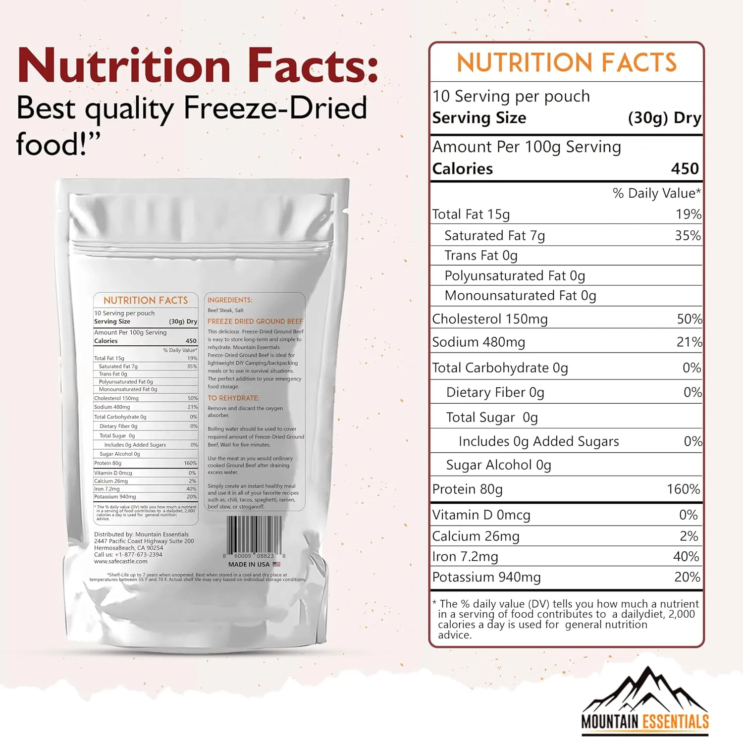 MOUNTAIN ESSENTIALS Freeze Dried Ground Beef Pre-Cooked and Ready to Eat Hamburger Meat | No Preservatives | Everyday Meal Prep, Emergency Food Supply and Camping Food 10 Servings per Pouch Made in USA 7-Year Shelf Life Pack of 1