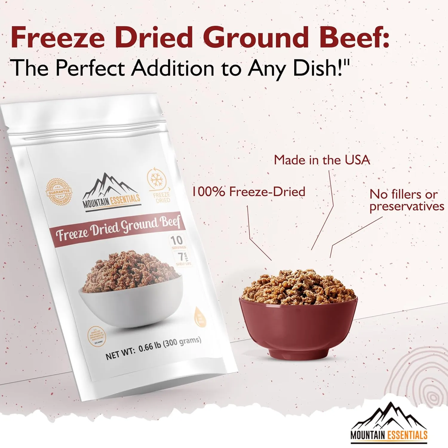 MOUNTAIN ESSENTIALS Freeze Dried Ground Beef Pre-Cooked and Ready to Eat Hamburger Meat | No Preservatives | Everyday Meal Prep, Emergency Food Supply and Camping Food 10 Servings per Pouch Made in USA 7-Year Shelf Life Pack of 1