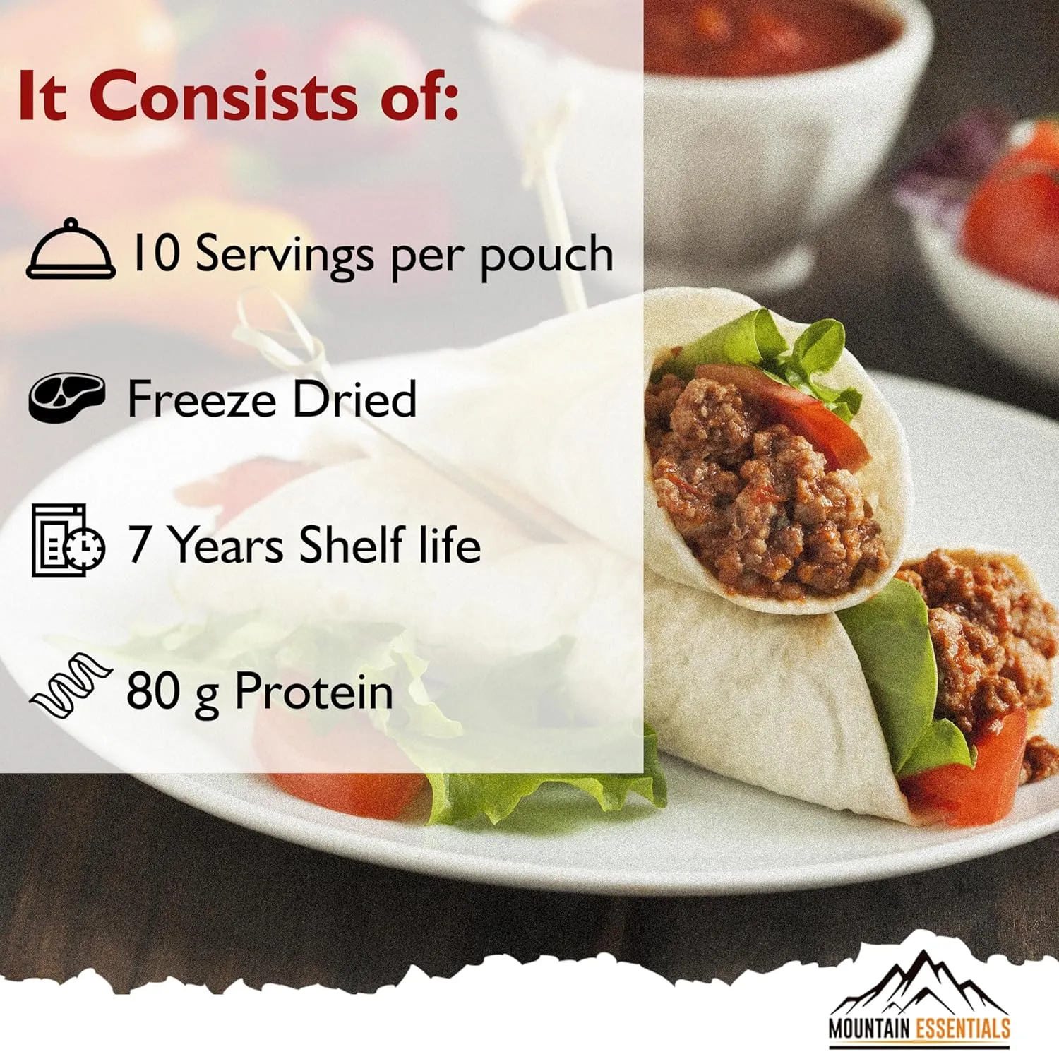 MOUNTAIN ESSENTIALS Freeze Dried Ground Beef Pre-Cooked Hamburger Meat Ready to Eat No Preservatives Meal Prep Long Term Survival Emergency Food Supply For Hunting, Backpacking & Camping Food 10 serving per Pouch Pack of 1