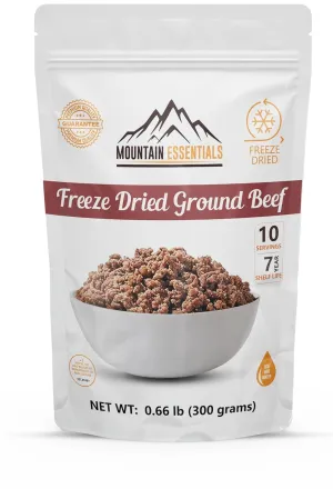 MOUNTAIN ESSENTIALS Freeze Dried Ground Beef Pre-Cooked Hamburger Meat Ready to Eat No Preservatives Meal Prep Long Term Survival Emergency Food Supply For Hunting, Backpacking & Camping Food 10 serving per Pouch Pack of 1