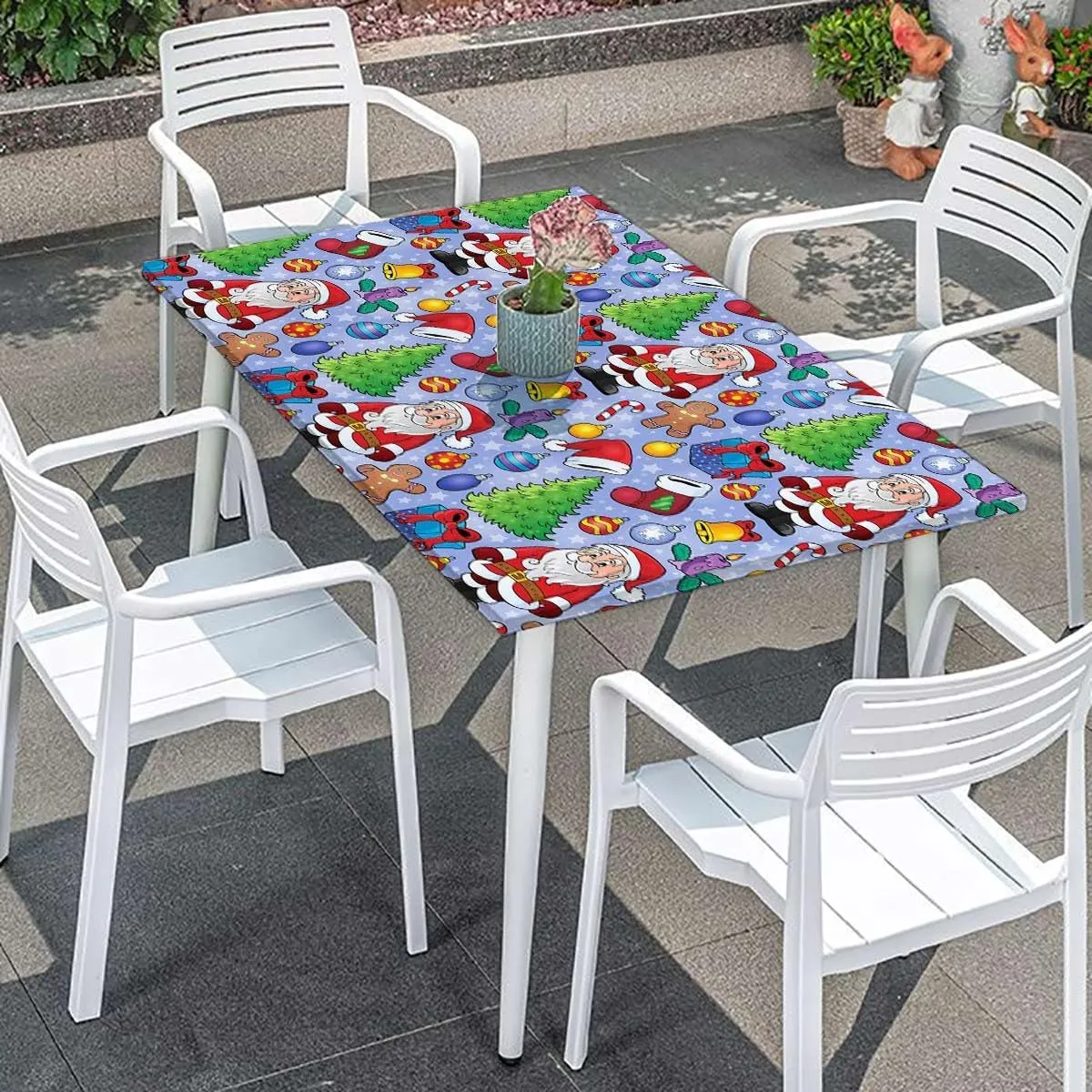 Multi Elastic Fitted Tablecloth Santa Claus Themed Cartoon Art for Child Table Cloth for Indoor Outdoor Picnic Parties Christmas Fits up 5 Foot Tables