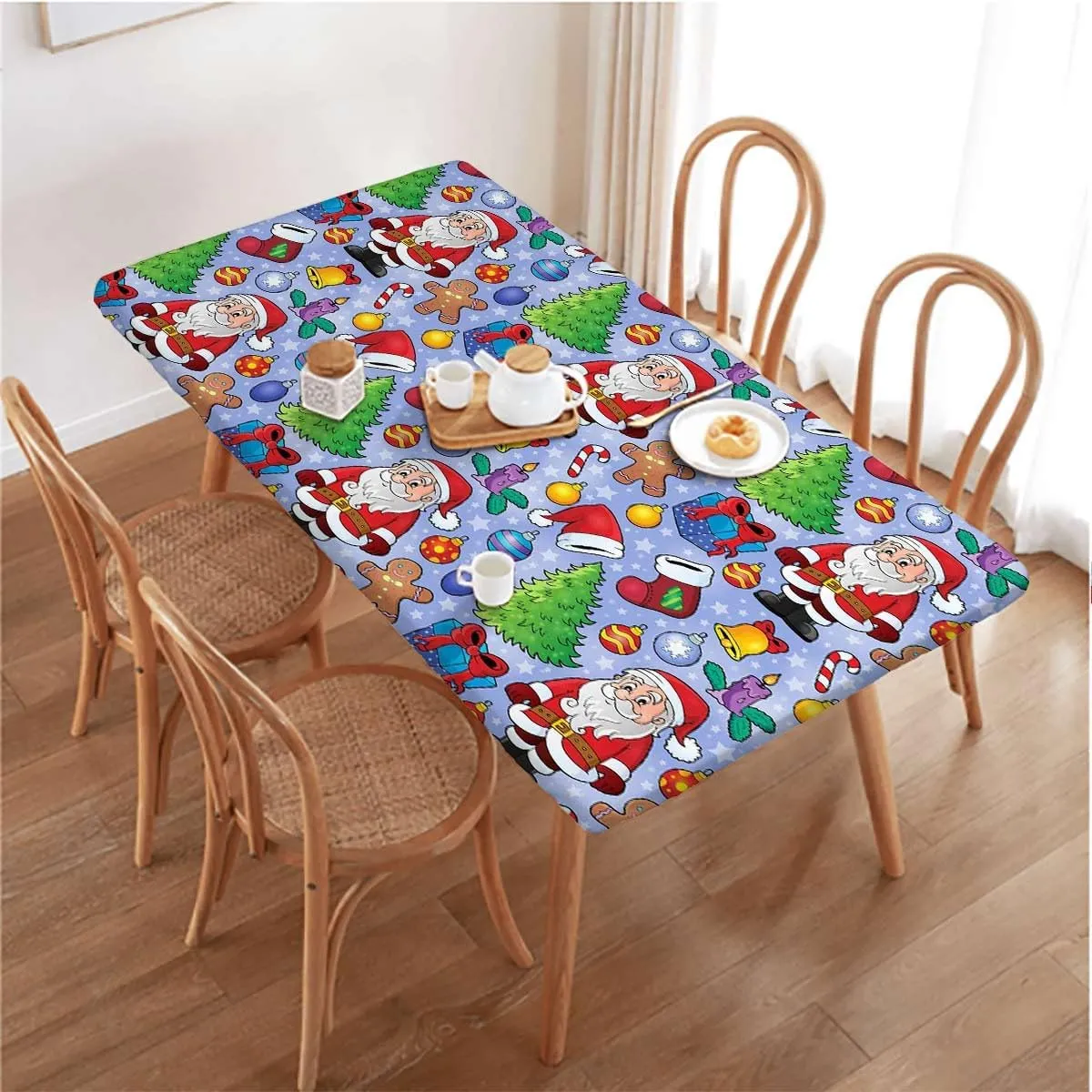 Multi Elastic Fitted Tablecloth Santa Claus Themed Cartoon Art for Child Table Cloth for Indoor Outdoor Picnic Parties Christmas Fits up 5 Foot Tables