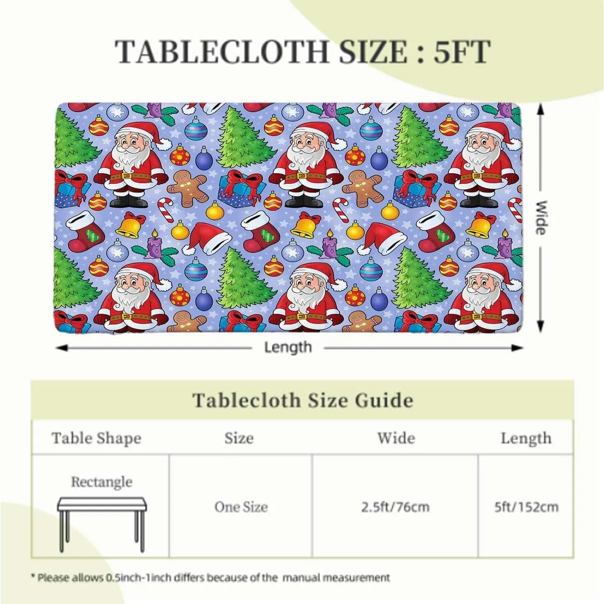 Multi Elastic Fitted Tablecloth Santa Claus Themed Cartoon Art for Child Table Cloth for Indoor Outdoor Picnic Parties Christmas Fits up 5 Foot Tables